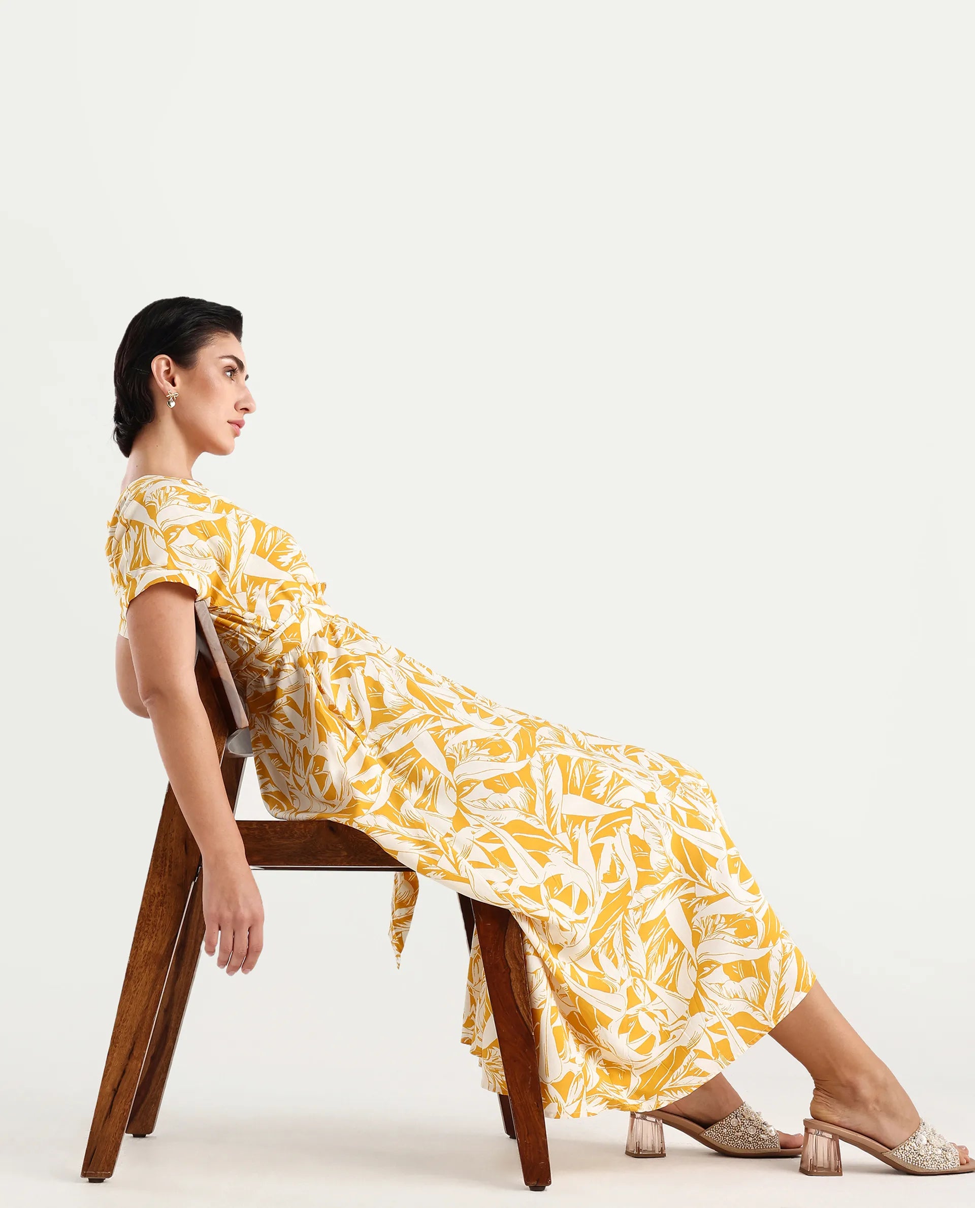 Rareism Women's Janmink Light Mustard Viscose Overlap Neck Floral Print Ruffled Sleeve Midi Wrap Dress