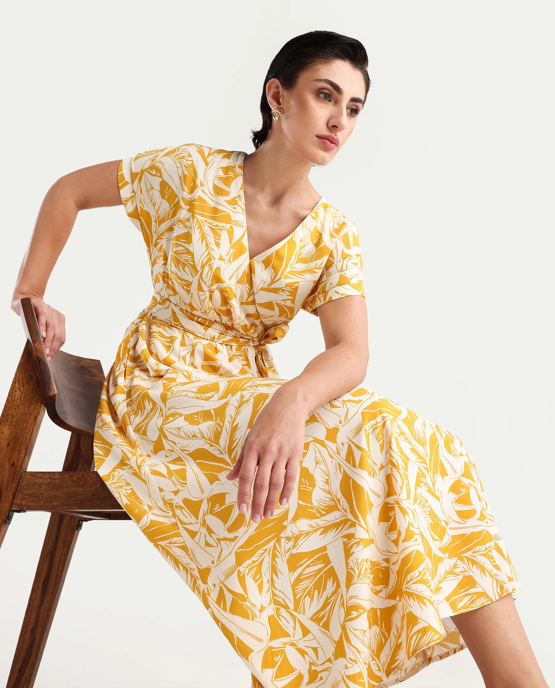 Rareism Women's Janmink Light Mustard Viscose Overlap Neck Floral Print Ruffled Sleeve Midi Wrap Dress