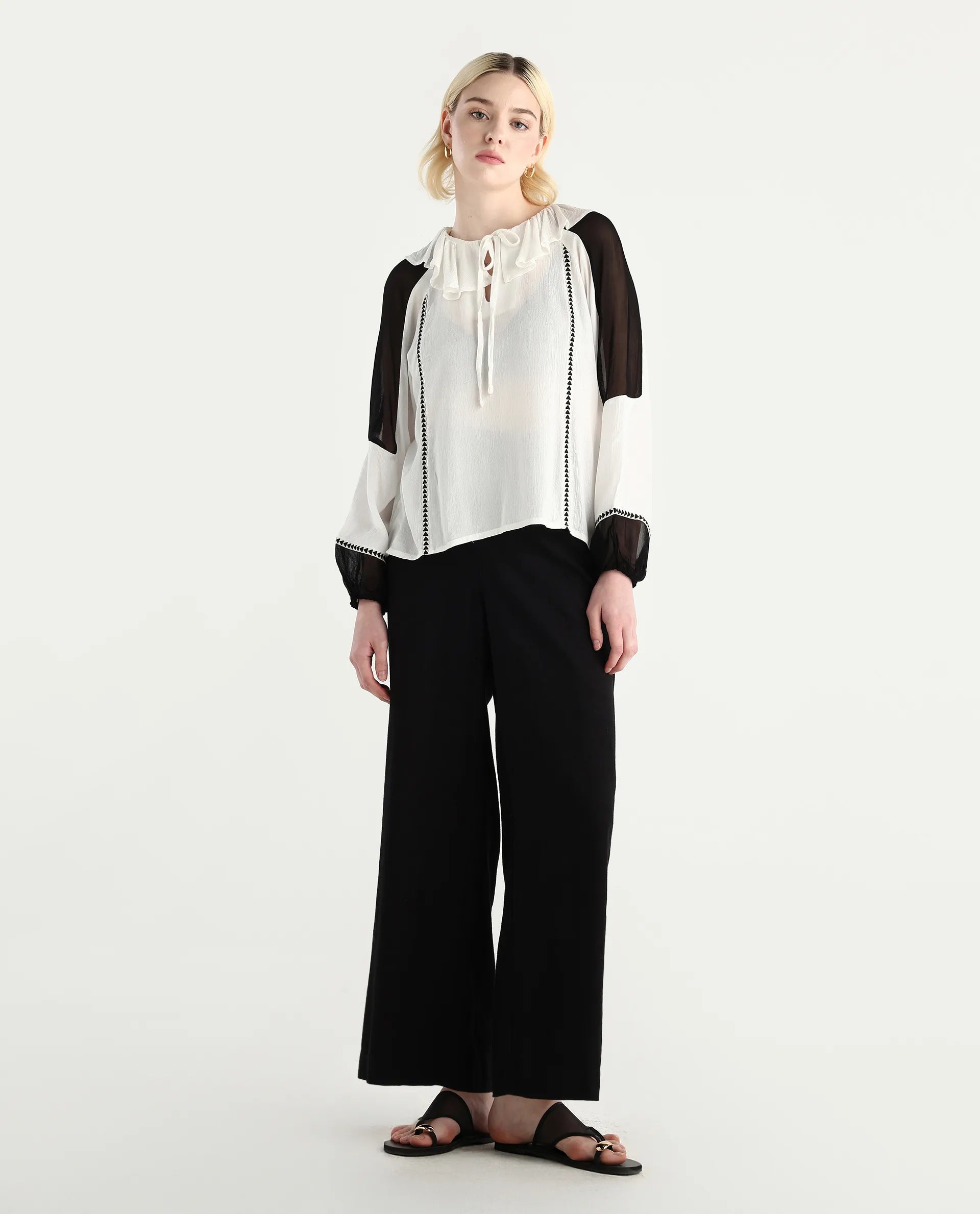 Rareism Women's Janmolo White Rayon Ruffled Neck Color Block Raglan Sleeve Regular Fit Top