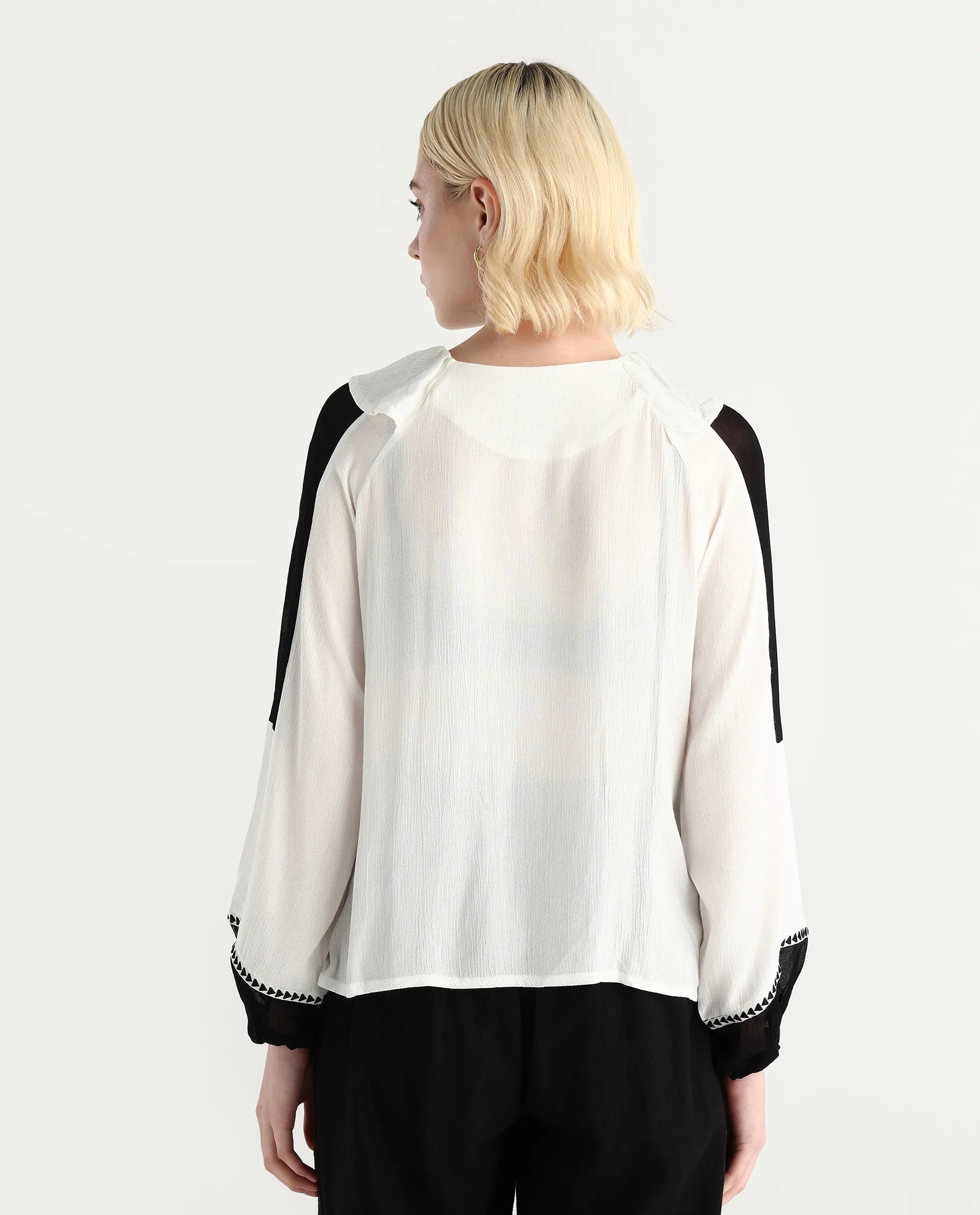 Rareism Women's Janmolo White Rayon Ruffled Neck Color Block Raglan Sleeve Regular Fit Top