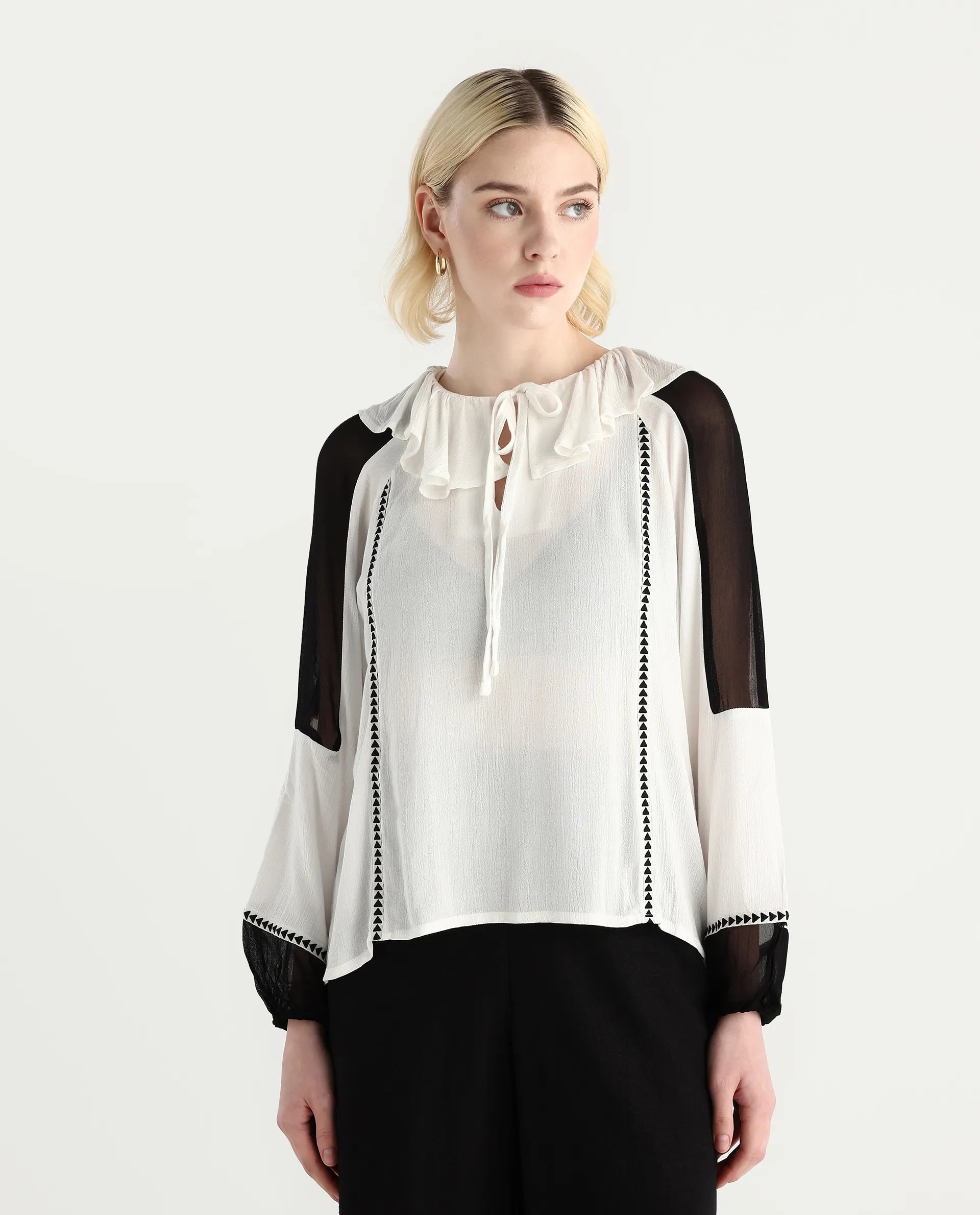 Rareism Women's Janmolo White Rayon Ruffled Neck Color Block Raglan Sleeve Regular Fit Top