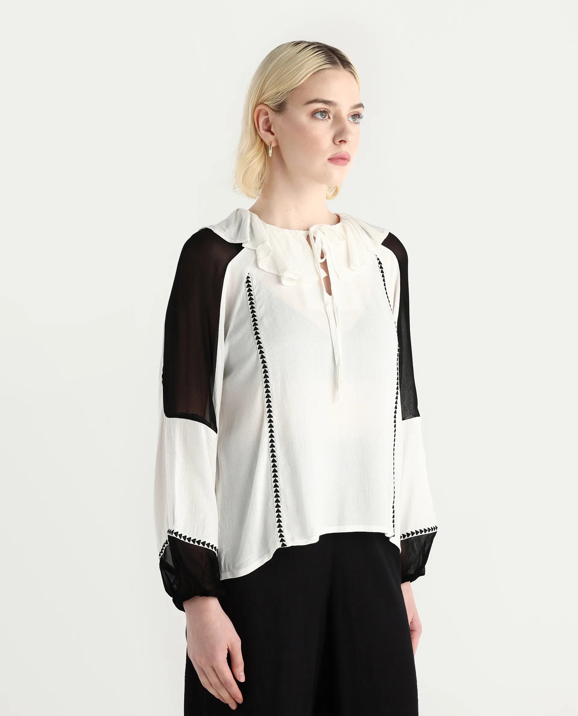 Rareism Women's Janmolo White Rayon Ruffled Neck Color Block Raglan Sleeve Regular Fit Top