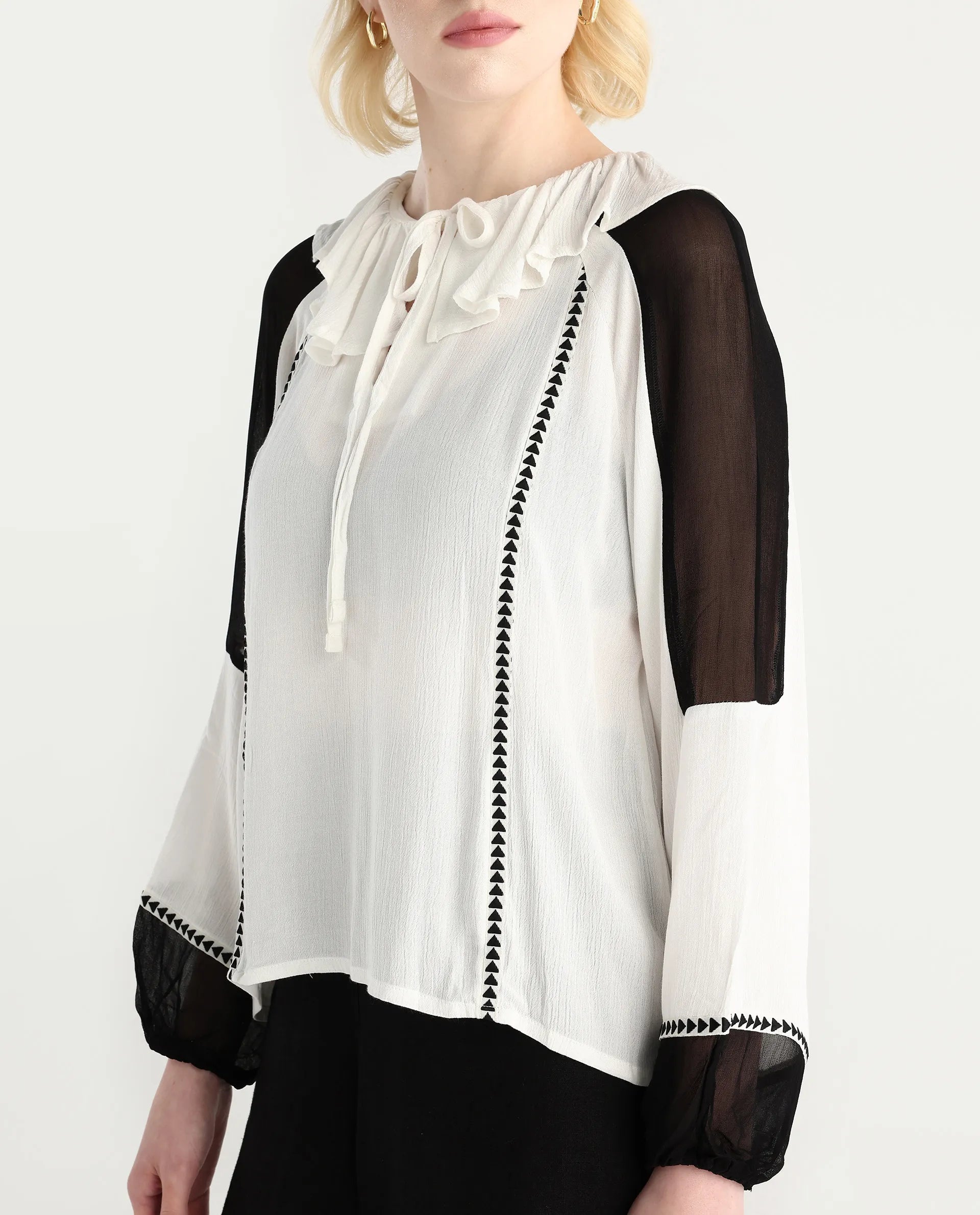 Rareism Women's Janmolo White Rayon Ruffled Neck Color Block Raglan Sleeve Regular Fit Top