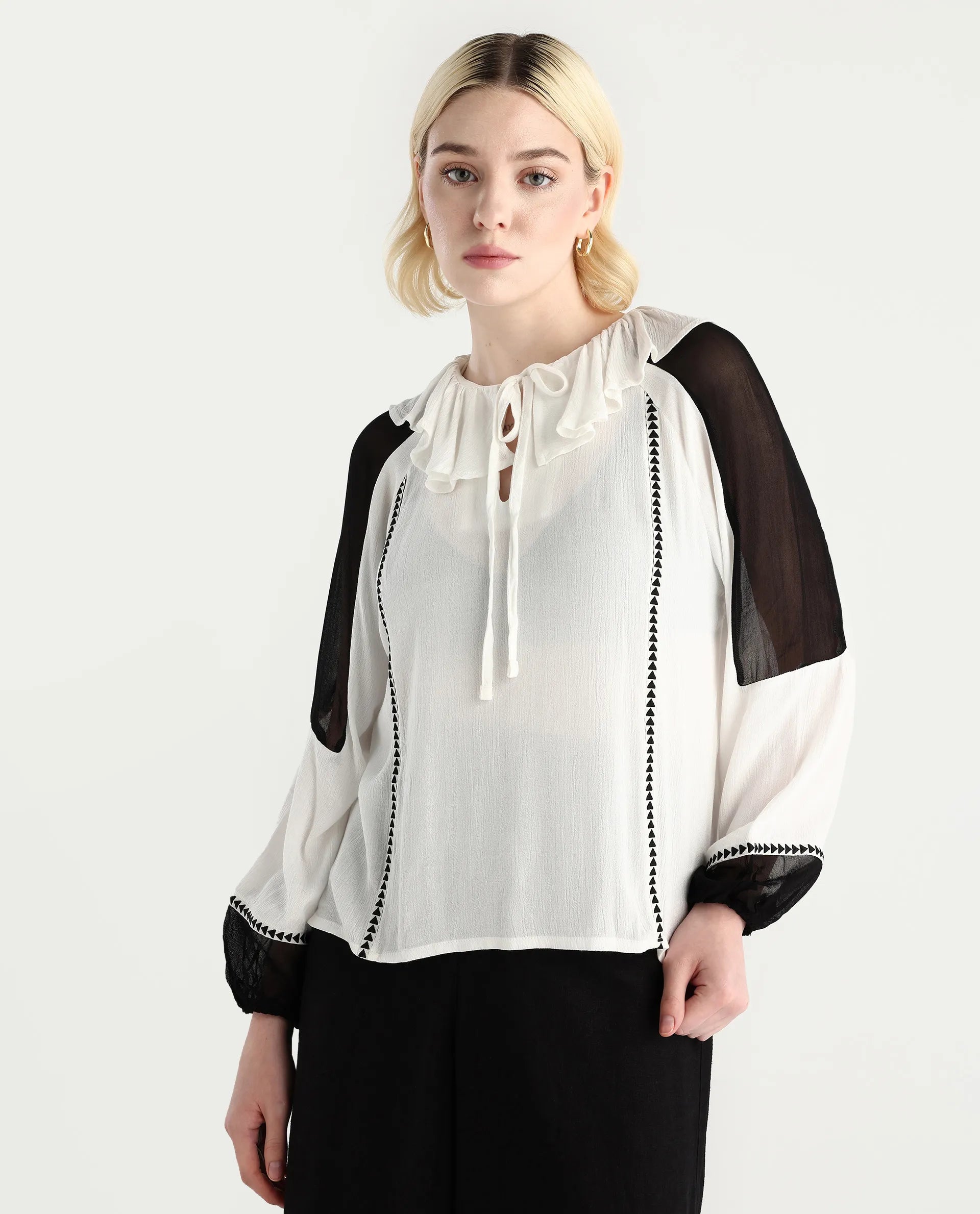 Rareism Women's Janmolo White Rayon Ruffled Neck Color Block Raglan Sleeve Regular Fit Top