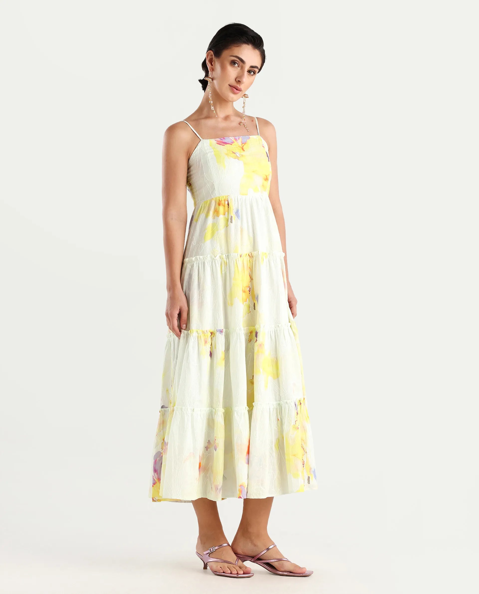 Rareism Women's Jannew Light Multi Cotton Shoulder Strap Floral Print Sleeveless Maxi Fit And Flare Dress