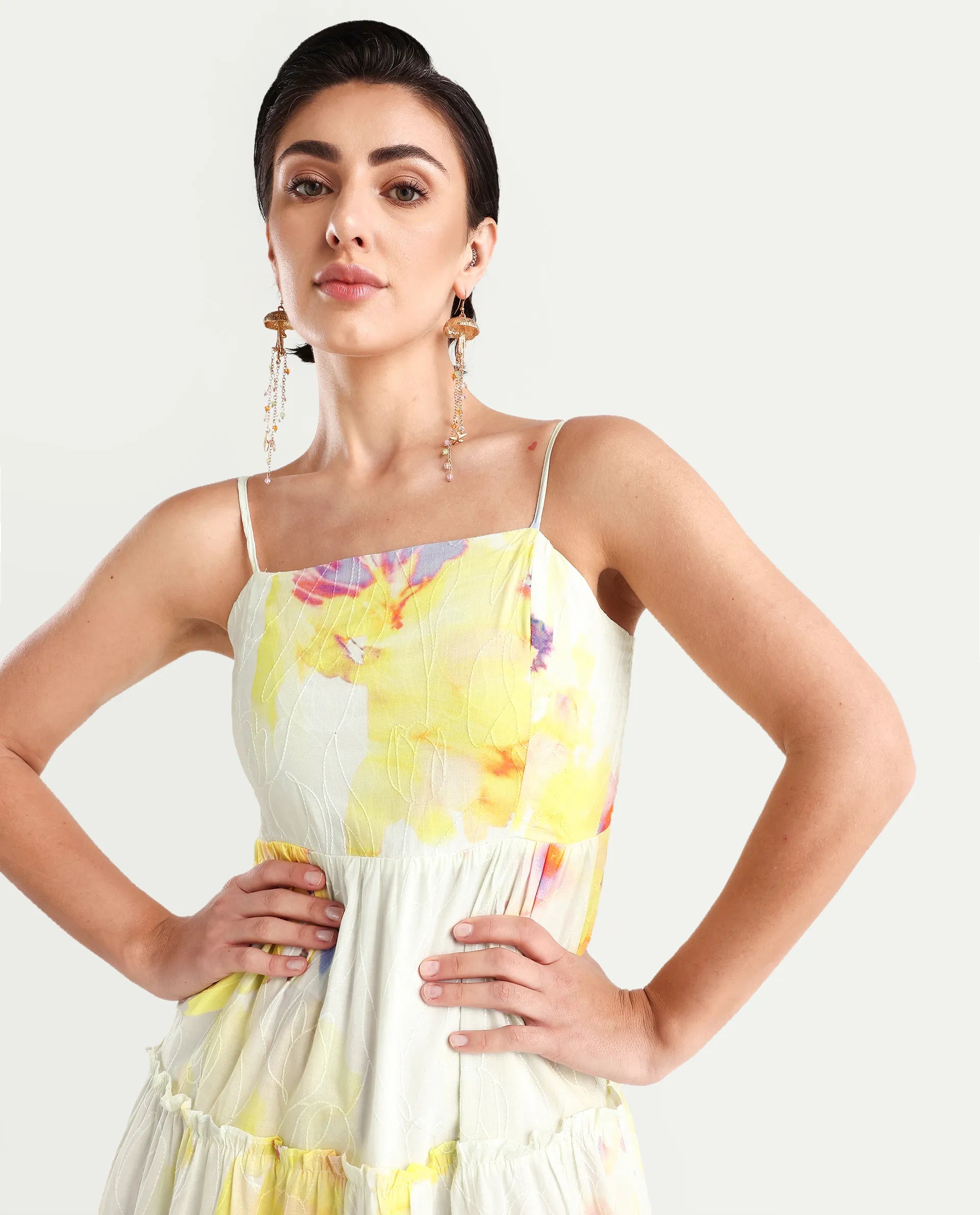 Rareism Women's Jannew Light Multi Cotton Shoulder Strap Floral Print Sleeveless Maxi Fit And Flare Dress