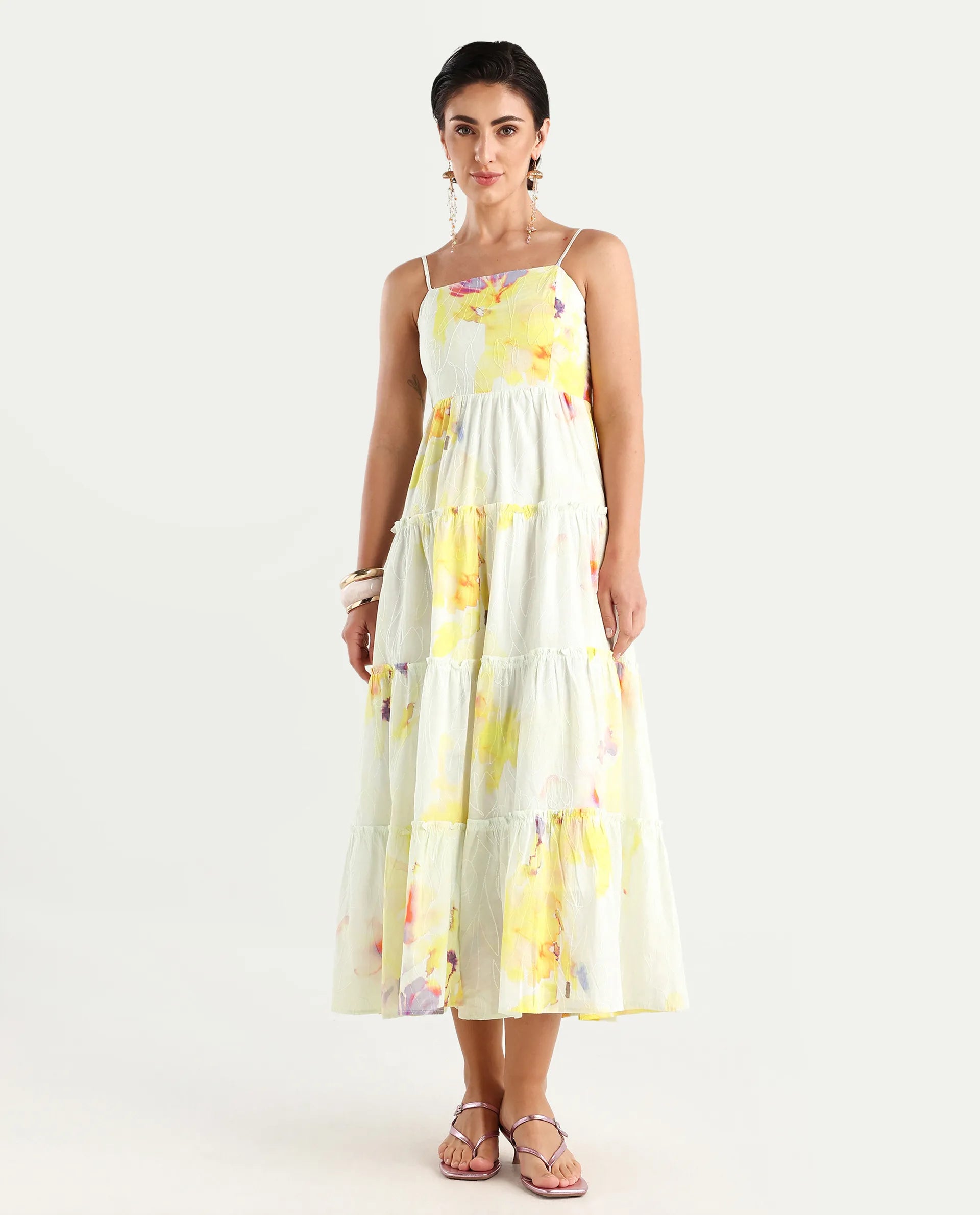 Rareism Women's Jannew Light Multi Cotton Shoulder Strap Floral Print Sleeveless Maxi Fit And Flare Dress