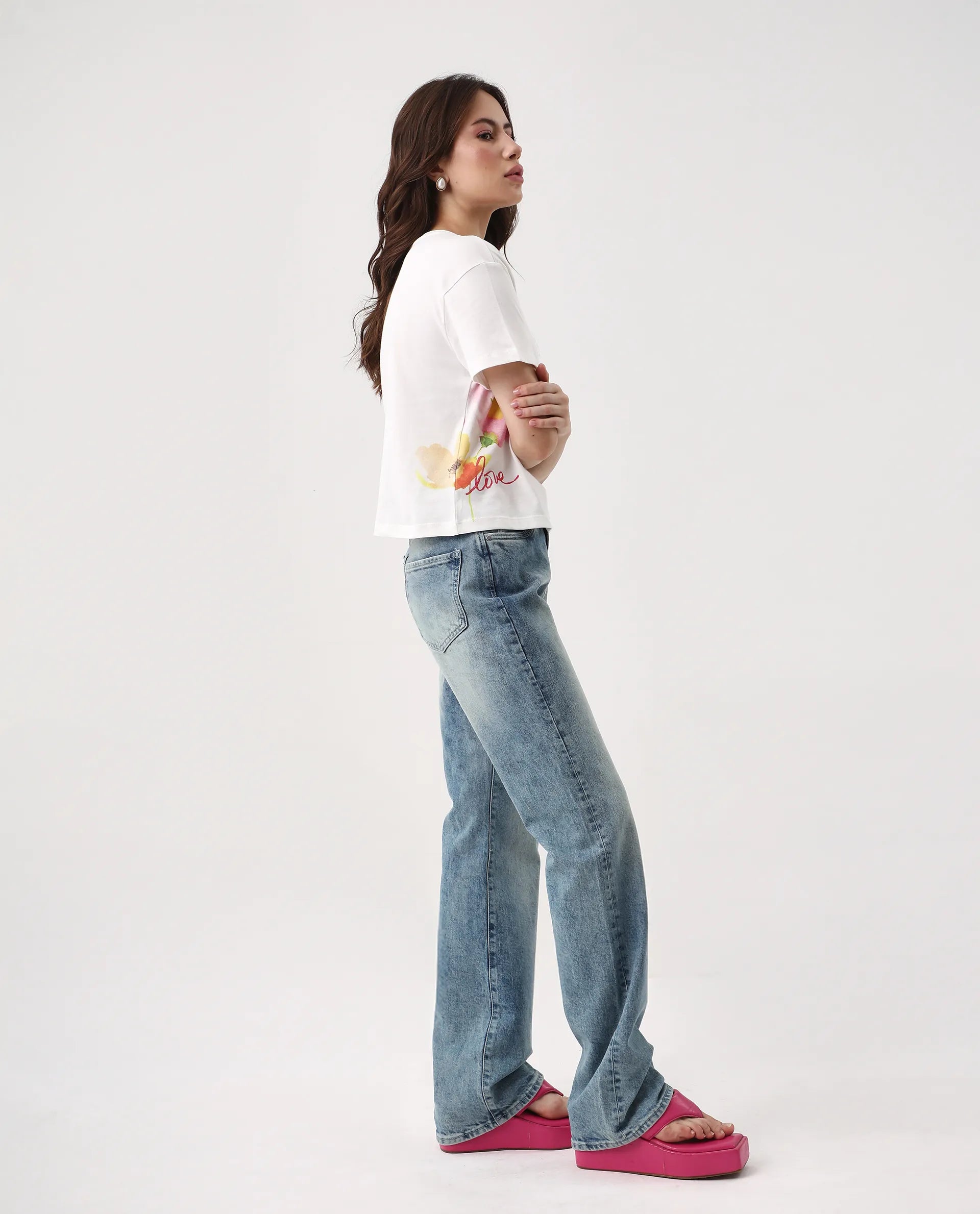 Rareism Women's Janol Off White Cotton Round Neck Floral Print Crop Regular Fit T-Shirt