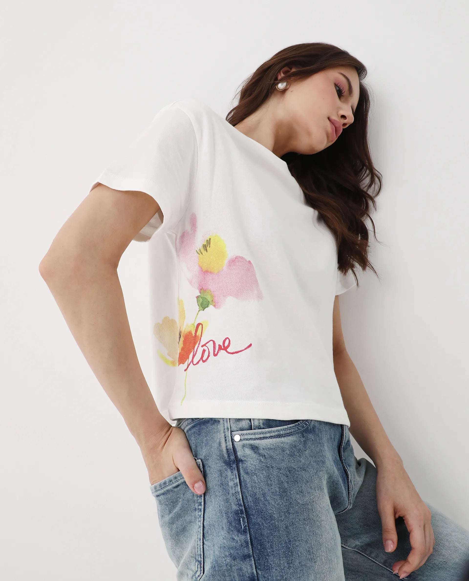 Rareism Women's Janol Off White Cotton Round Neck Floral Print Crop Regular Fit T-Shirt