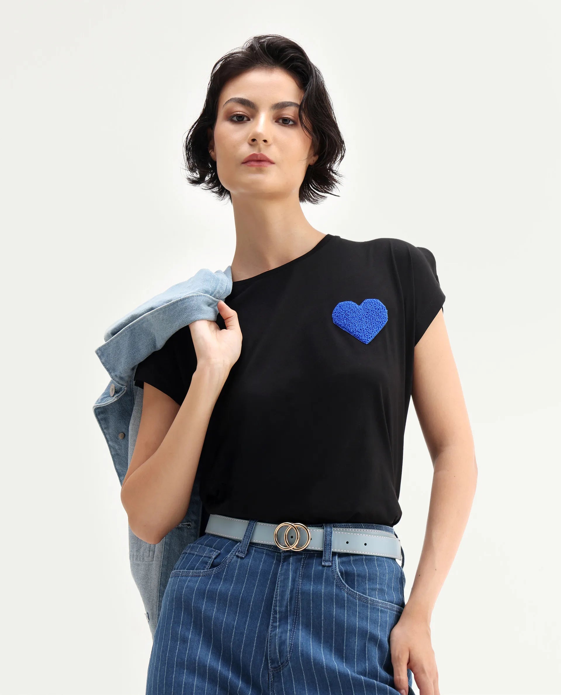 Rareism Women's Janori Black Cotton Blend Round Neck Plain Extended Sleeves Regular Fit T-Shirt