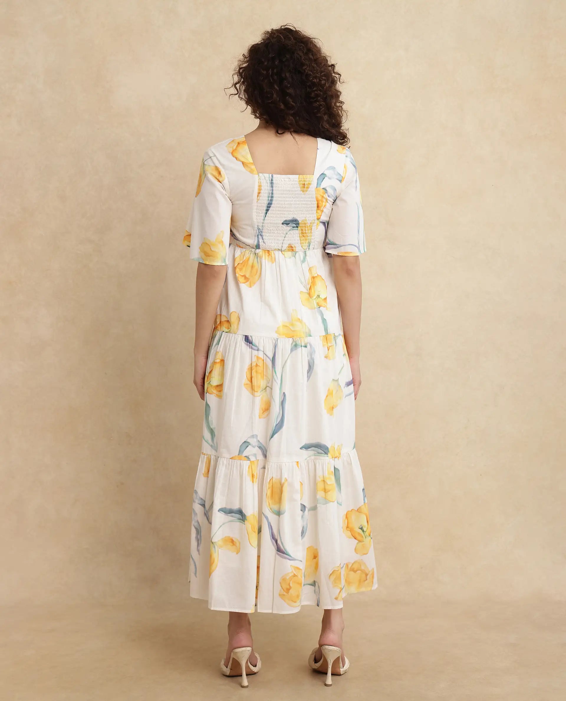 Rareism Women's Janpa Off White Cotton Fabric Overlap Neck Slip-On Closure Ruffled Sleeve Floral Print Fit And Flare Maxi Dress