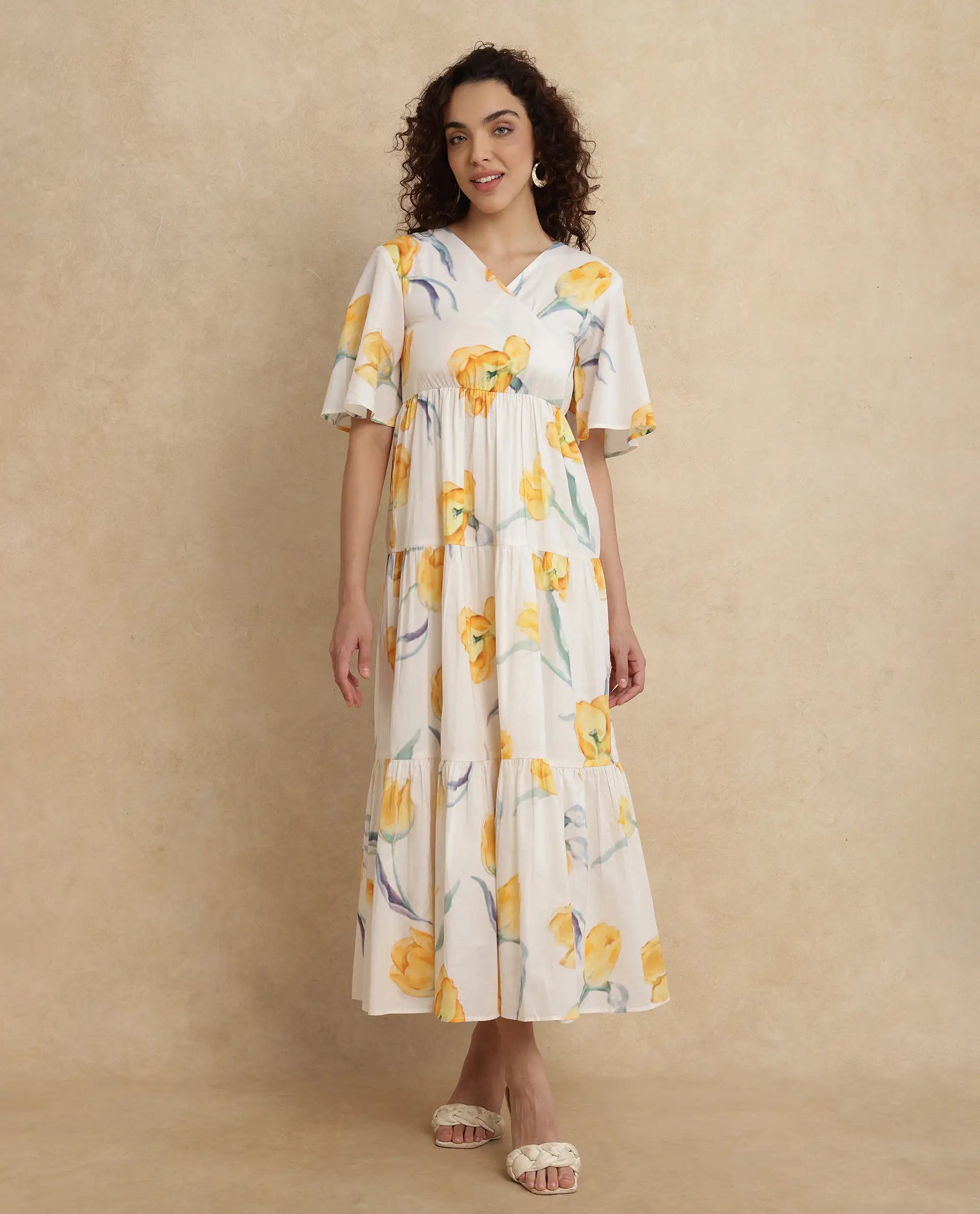 Rareism Women's Janpa Off White Cotton Fabric Overlap Neck Slip-On Closure Ruffled Sleeve Floral Print Fit And Flare Maxi Dress