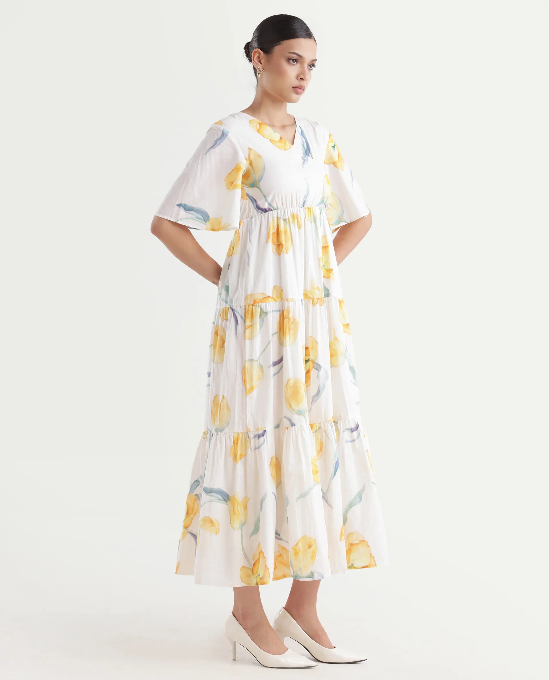 Rareism Women's Janpa Off White Cotton Overlap Neck Floral Print Ruffled Sleeve Maxi Fit And Flare Dress