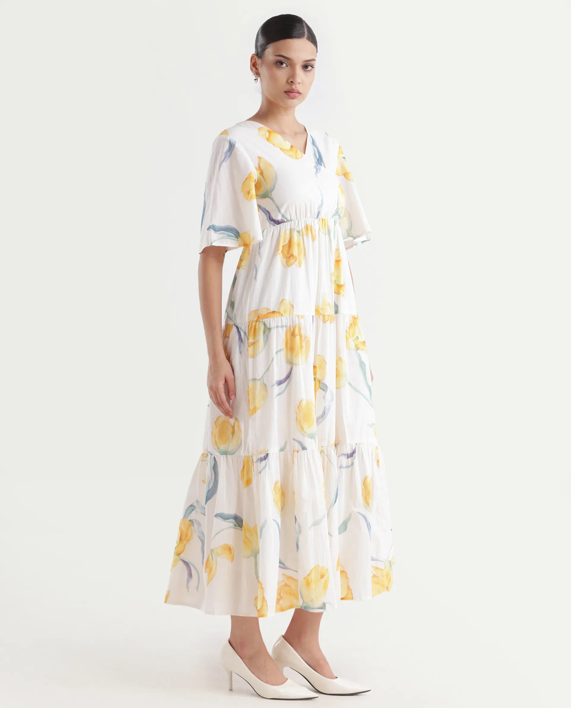 Rareism Women's Janpa Off White Cotton Overlap Neck Floral Print Ruffled Sleeve Maxi Fit And Flare Dress