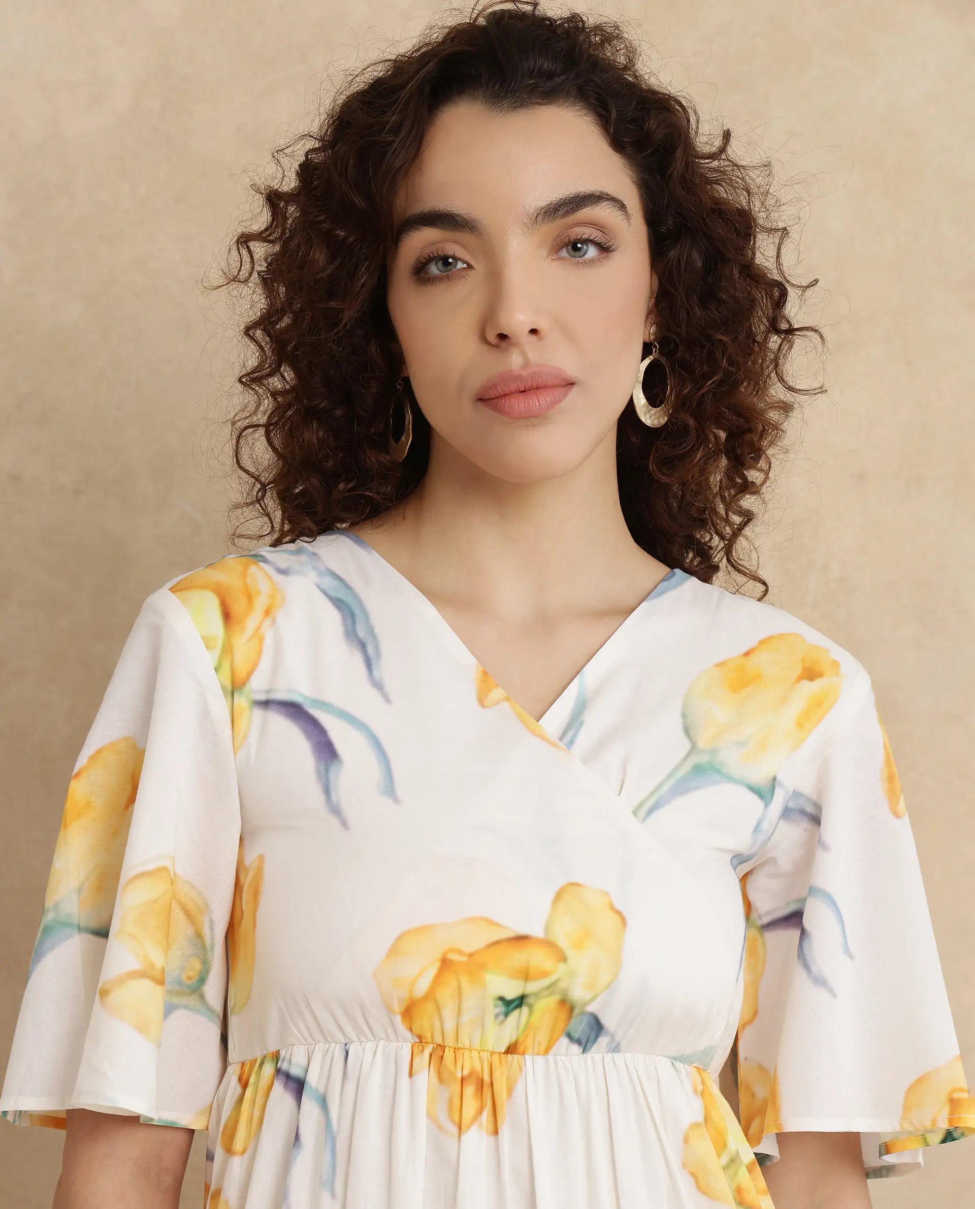 Rareism Women's Janpa Off White Cotton Fabric Overlap Neck Slip-On Closure Ruffled Sleeve Floral Print Fit And Flare Maxi Dress