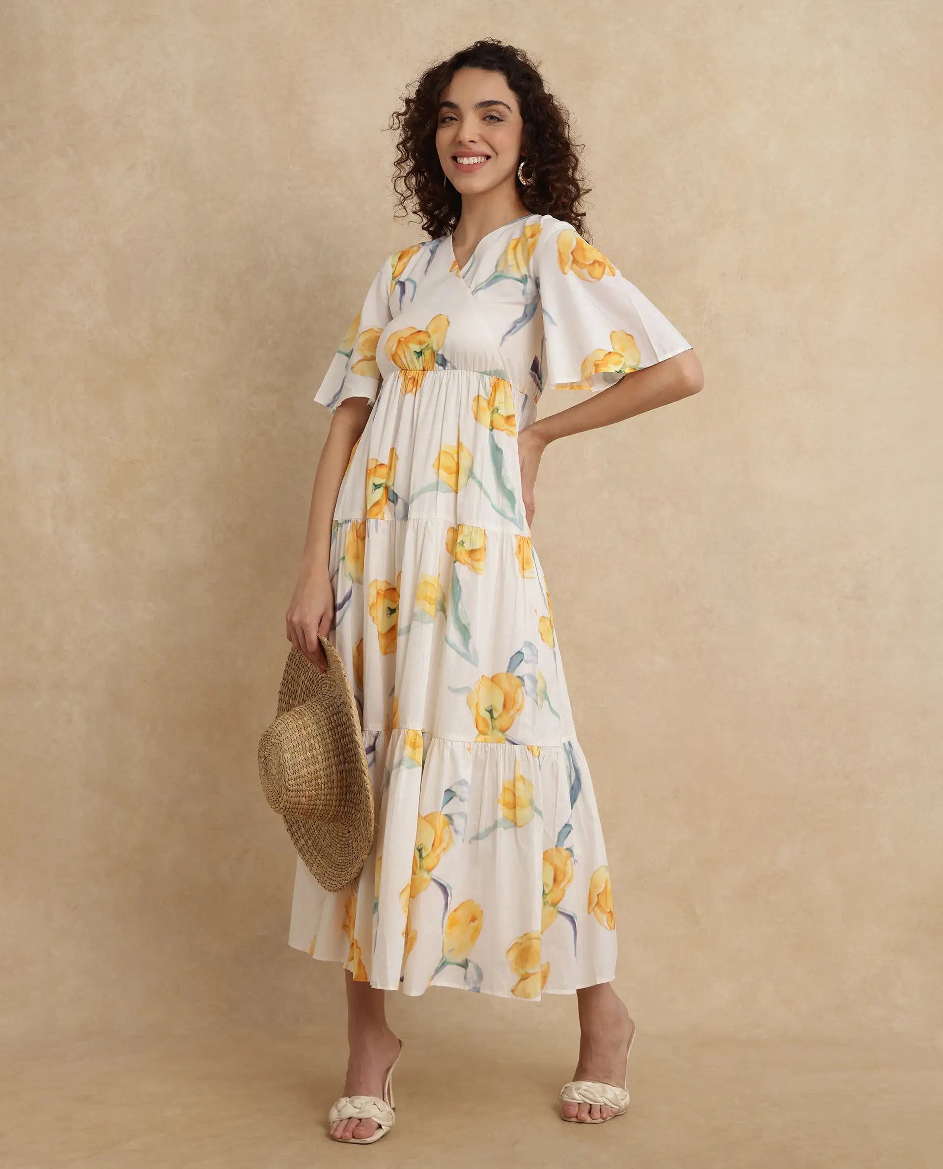 Rareism Women's Janpa Off White Cotton Fabric Overlap Neck Slip-On Closure Ruffled Sleeve Floral Print Fit And Flare Maxi Dress