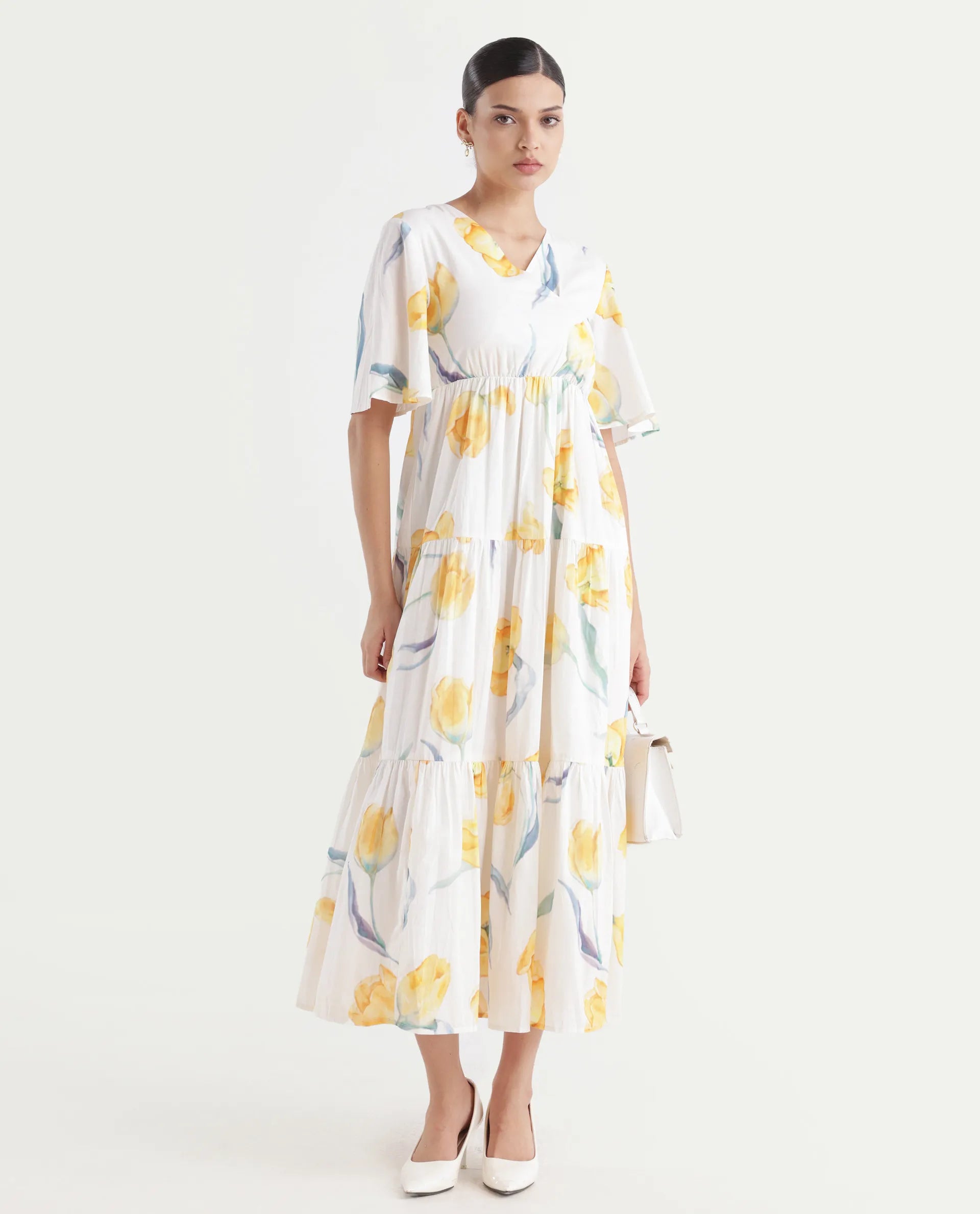Rareism Women's Janpa Off White Cotton Overlap Neck Floral Print Ruffled Sleeve Maxi Fit And Flare Dress