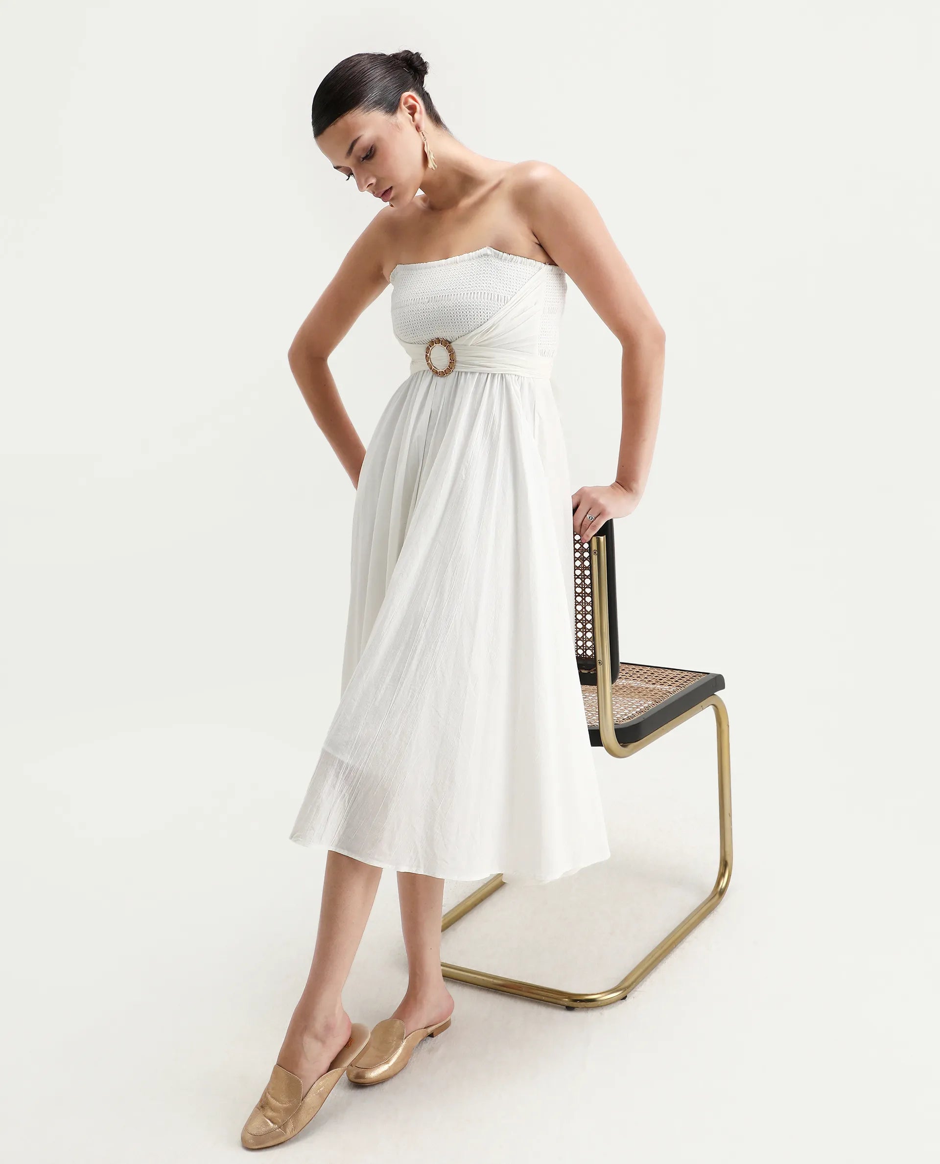 Rareism Women's Janpla Off White Cotton Tube Neck Plain Sleeveless Midi Fit And Flare Dress