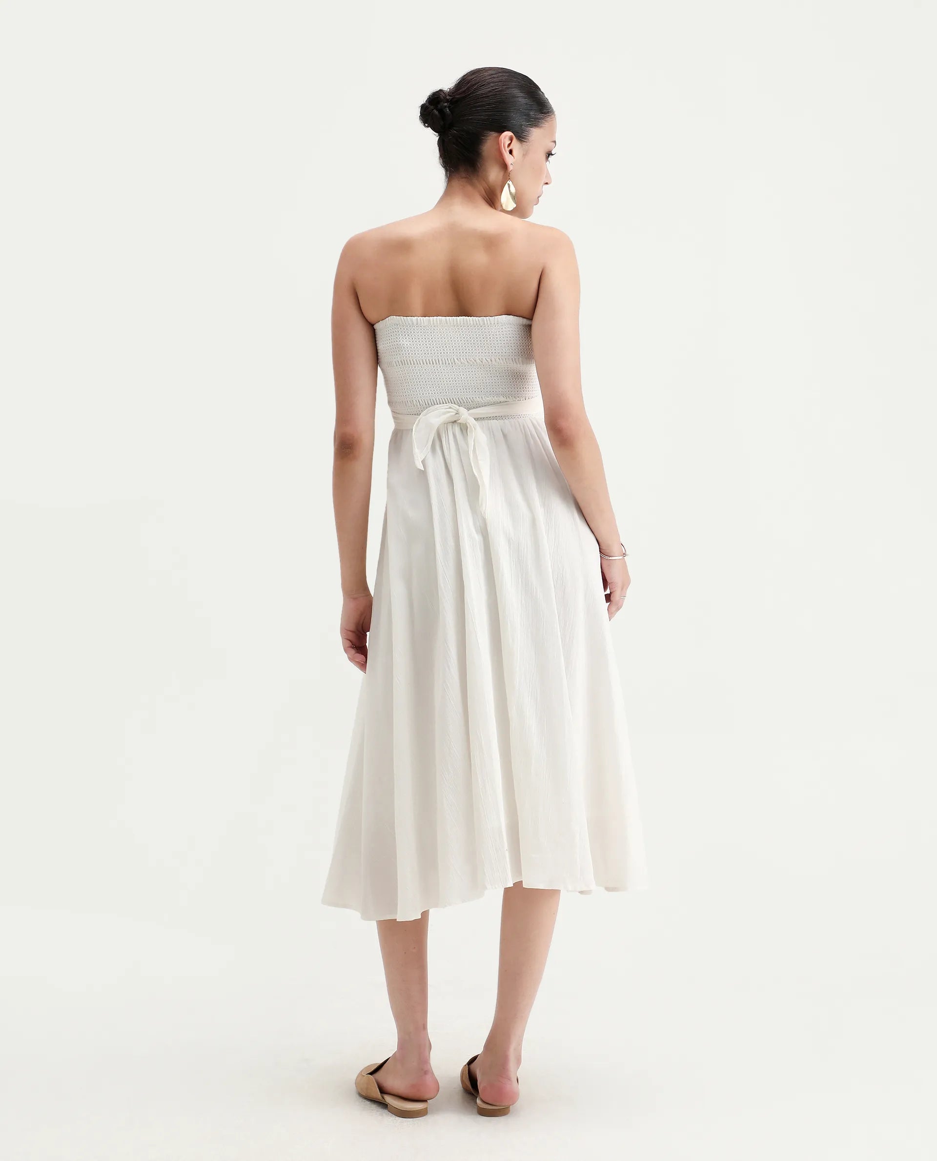 Rareism Women's Janpla Off White Cotton Tube Neck Plain Sleeveless Midi Fit And Flare Dress