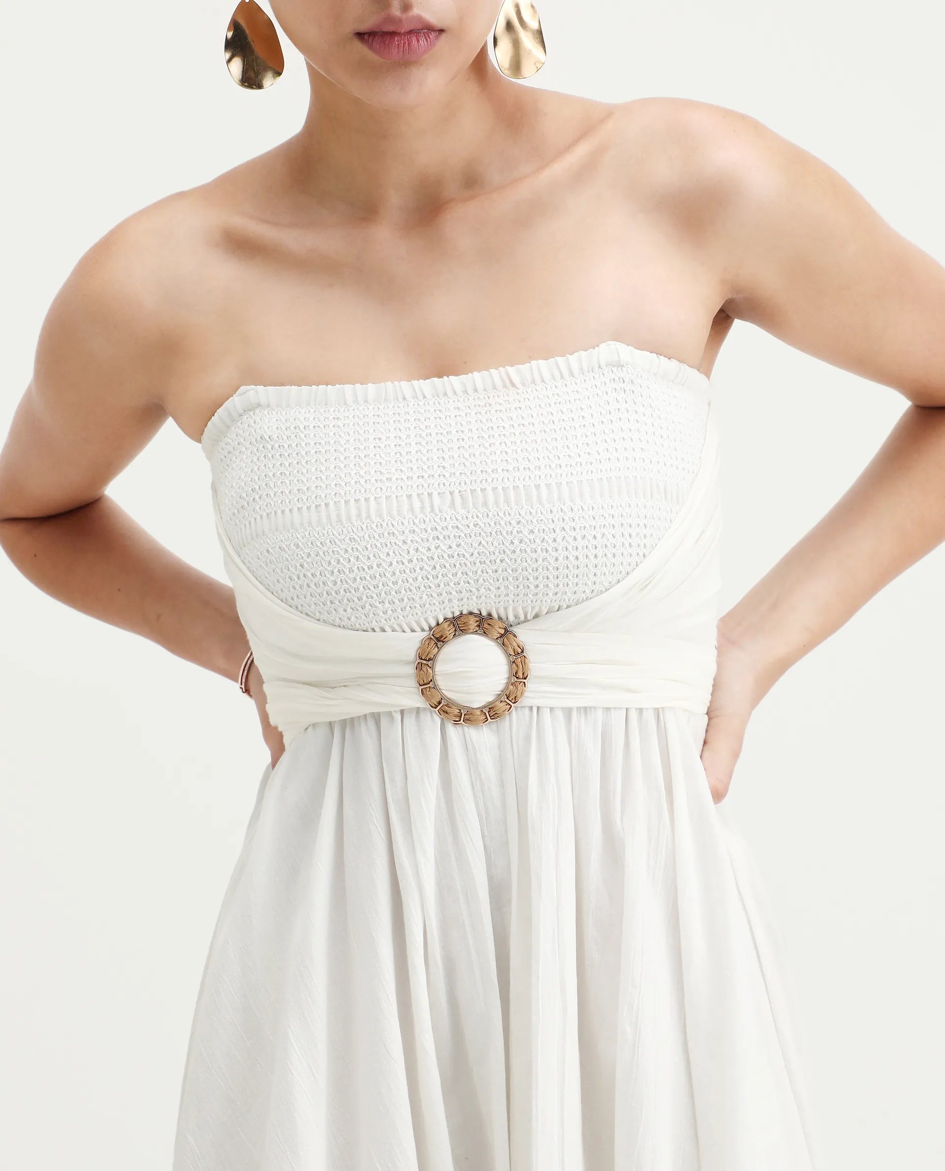 Rareism Women's Janpla Off White Cotton Tube Neck Plain Sleeveless Midi Fit And Flare Dress