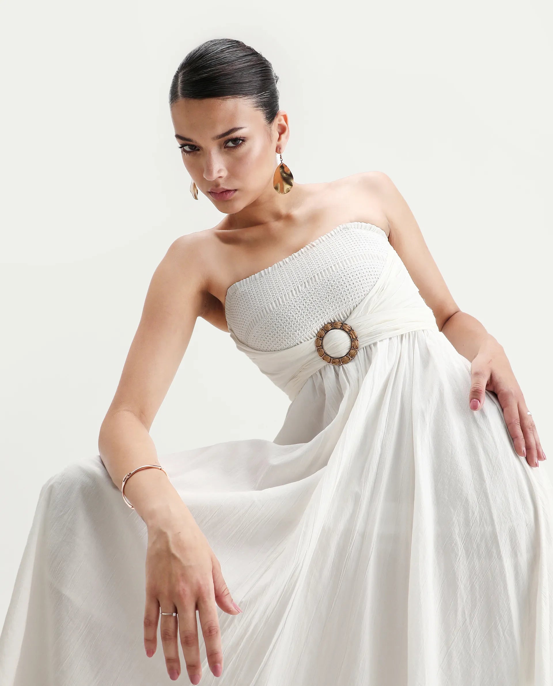 Rareism Women's Janpla Off White Cotton Tube Neck Plain Sleeveless Midi Fit And Flare Dress