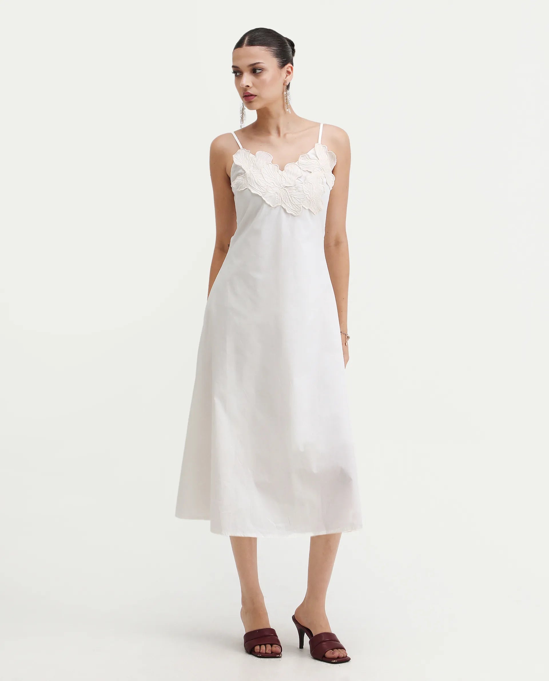 Rareism Women's Janpola White Cotton Shoulder Strap Embroidered Midi Flared Dress