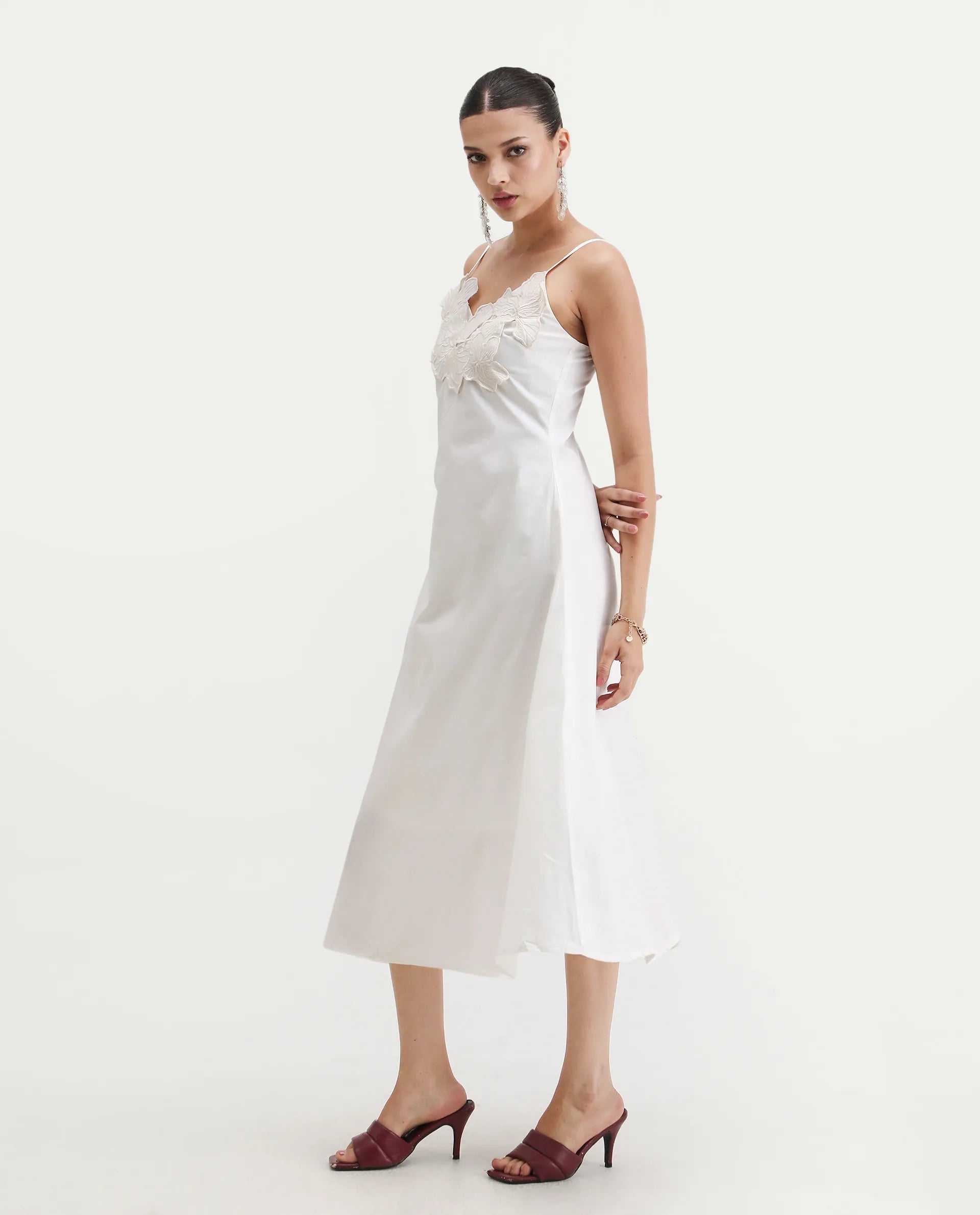 Rareism Women's Janpola White Cotton Shoulder Strap Embroidered Midi Flared Dress