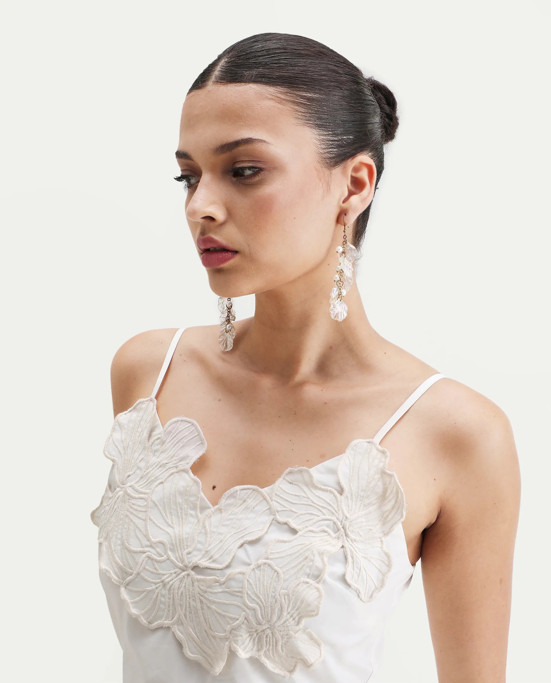 Rareism Women's Janpola White Cotton Shoulder Strap Embroidered Midi Flared Dress