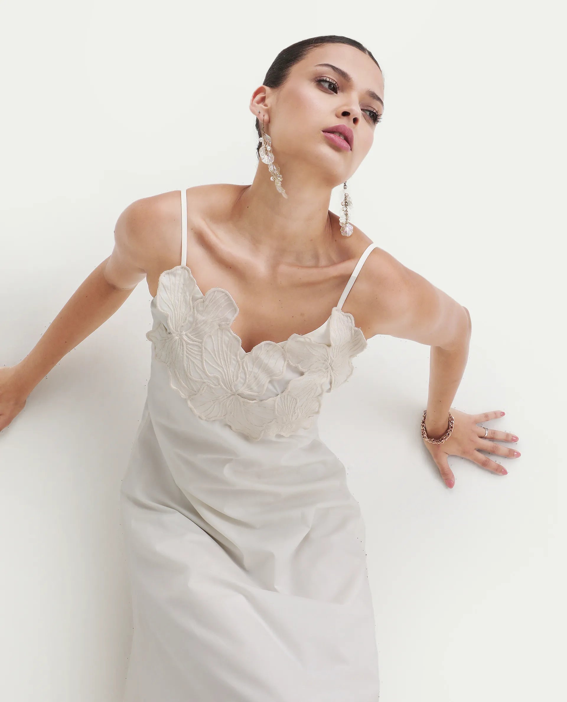 Rareism Women's Janpola White Cotton Shoulder Strap Embroidered Midi Flared Dress