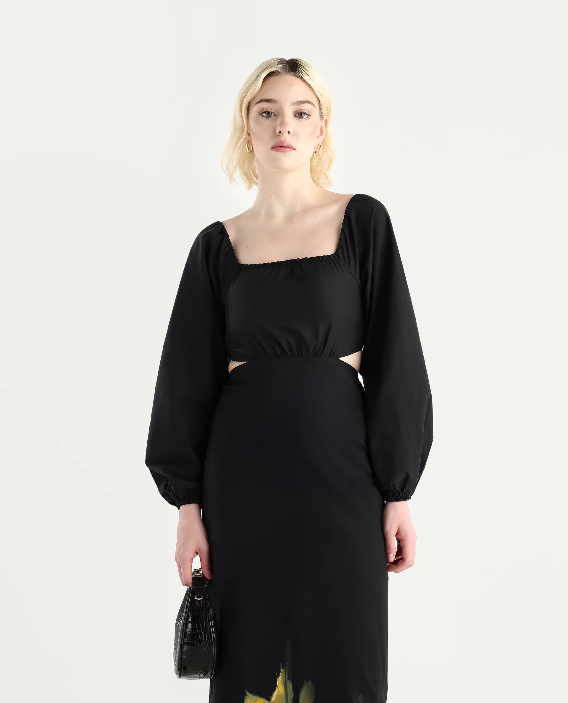 Rareism Women's Janqurt Black Cotton Square Neck Floral Print Bishop Sleeve Maxi Fitted Dress