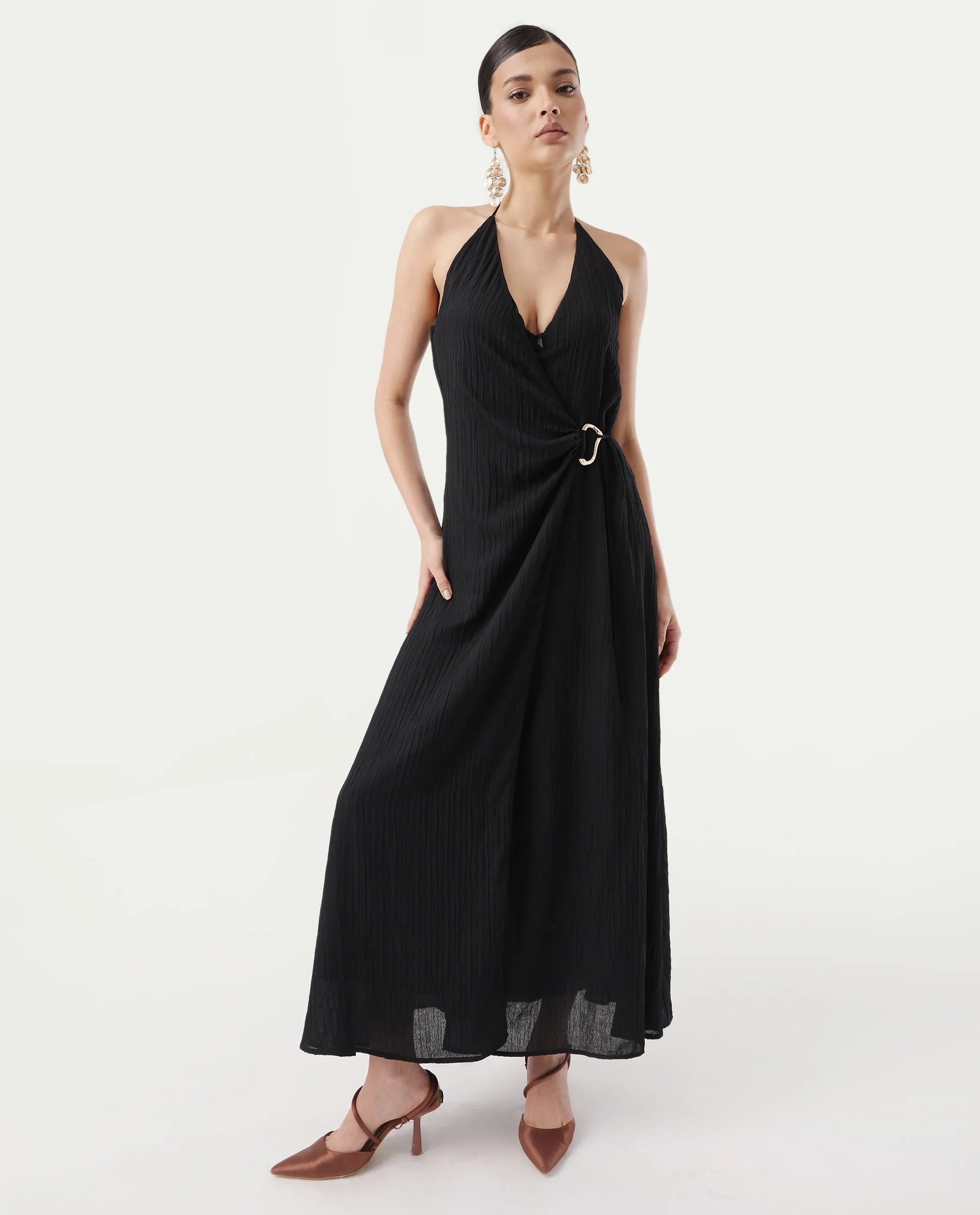 Rareism Women's Janram Black Polyester Tie-Up Neck Plain Sleeveless Maxi Wrap Dress