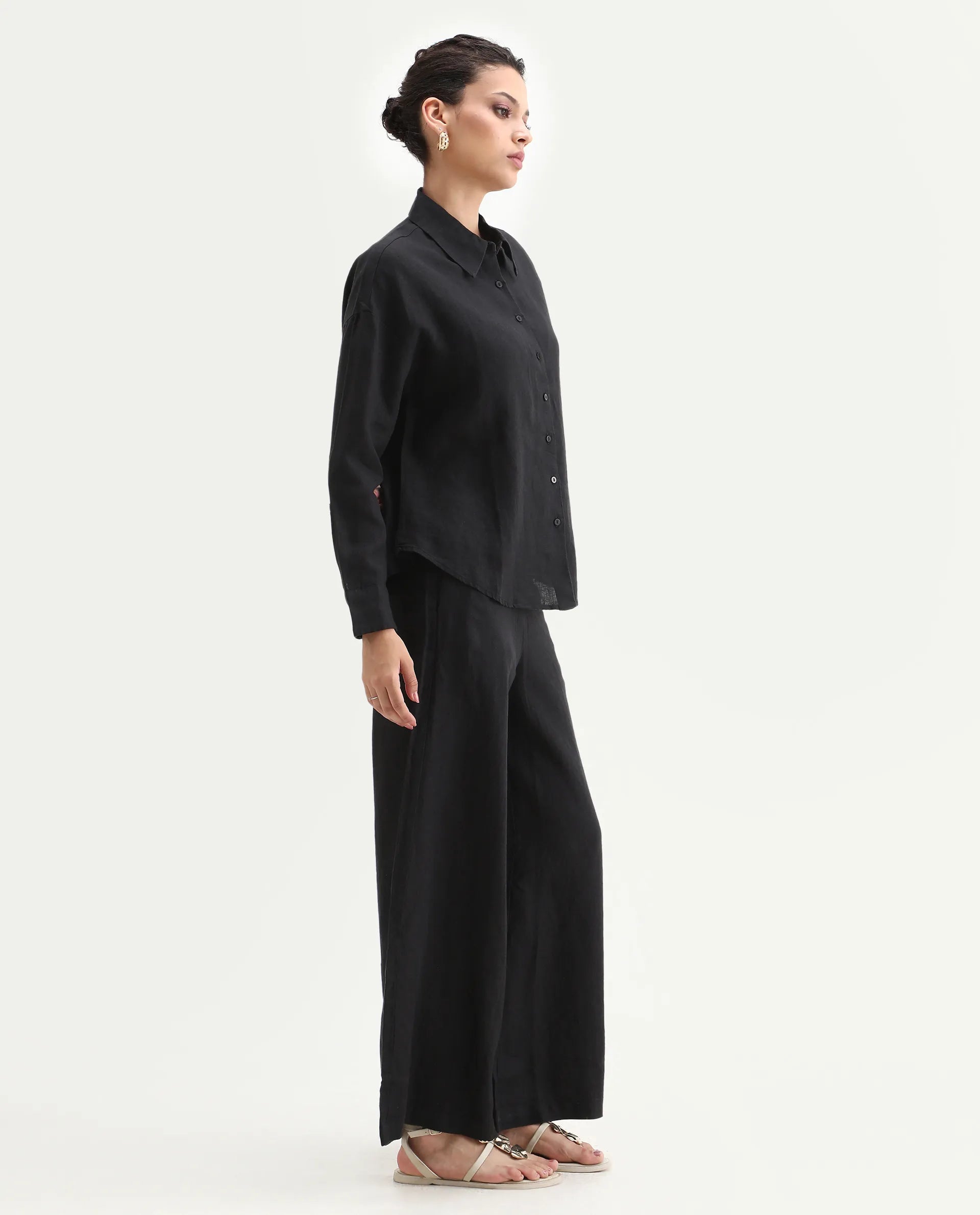 Rareism Women's Janria B Black Linen Plain Ankle Length Wide Trouser