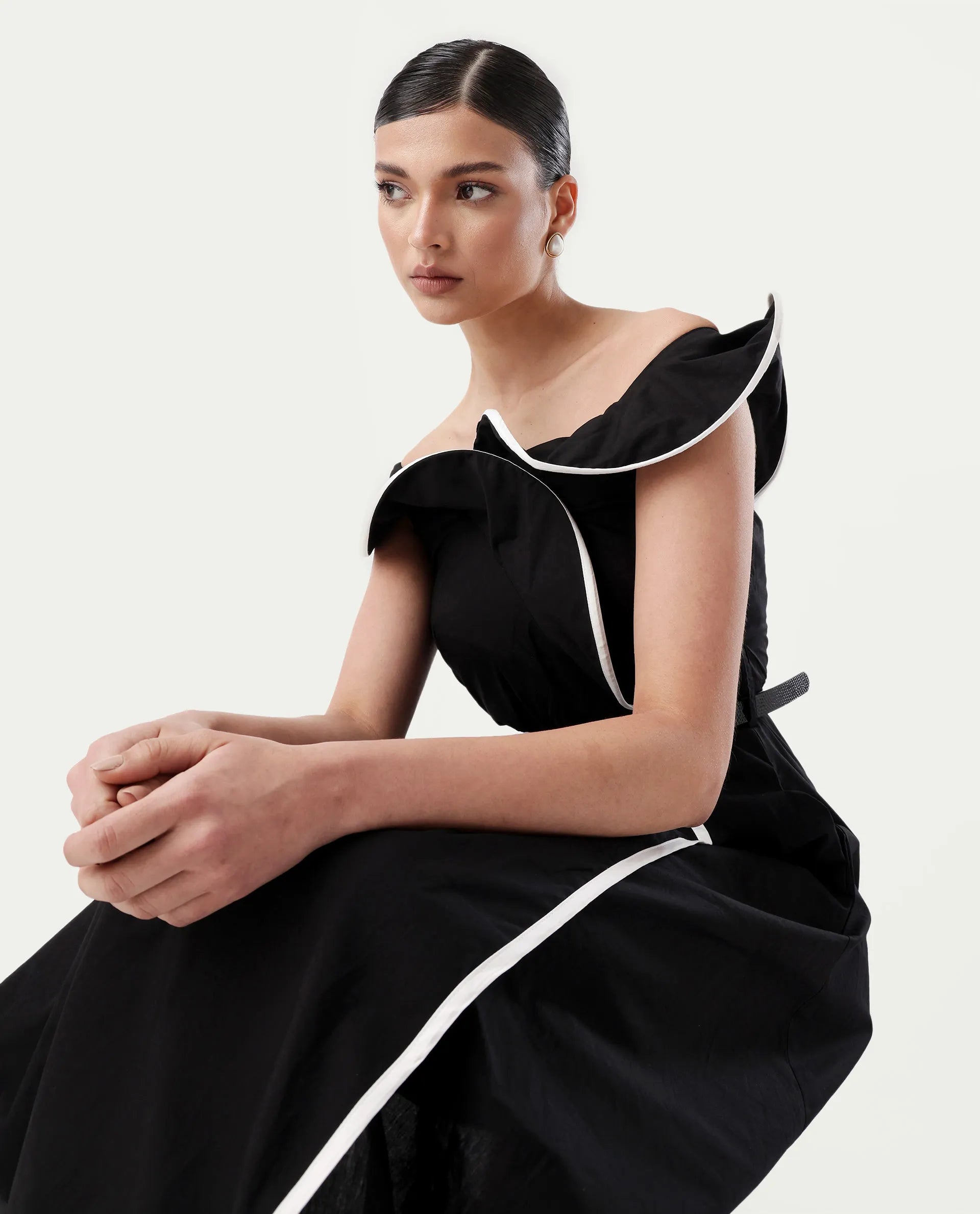 Rareism Women's Janrol Black Cotton Ruffled Neck Plain Sleeveless Midi Fit And Flare Dress