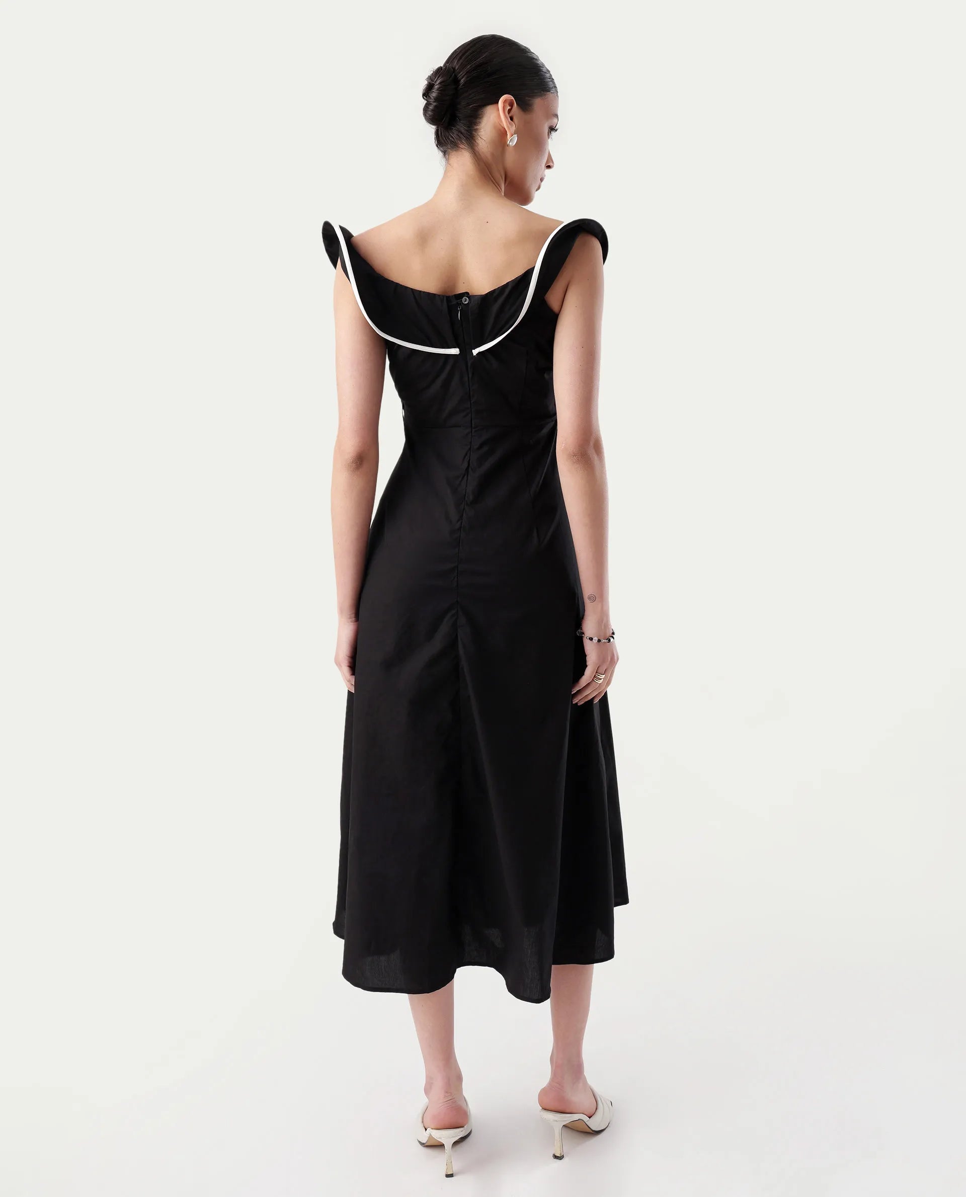 Rareism Women's Janrol Black Cotton Ruffled Neck Plain Sleeveless Midi Fit And Flare Dress