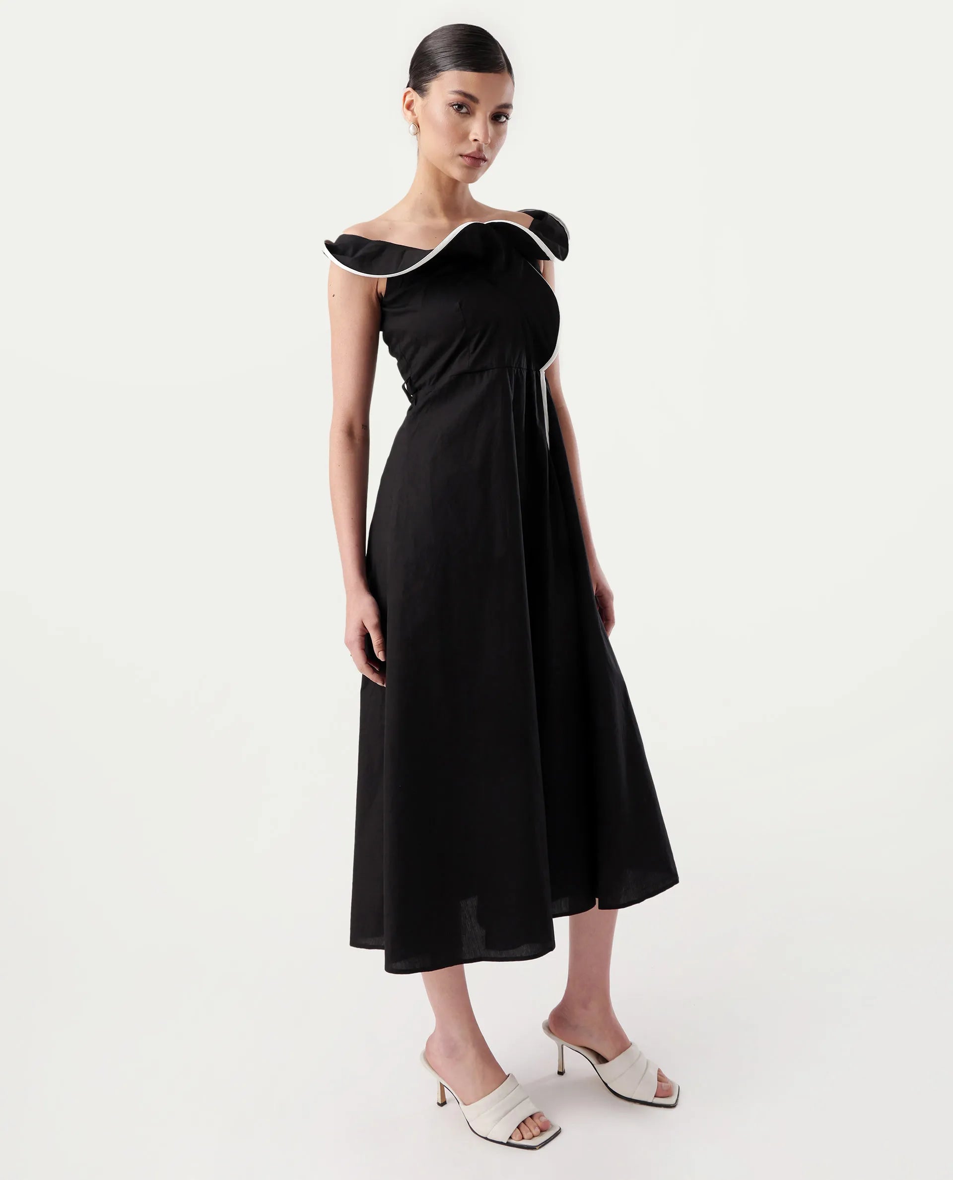 Rareism Women's Janrol Black Cotton Ruffled Neck Plain Sleeveless Midi Fit And Flare Dress