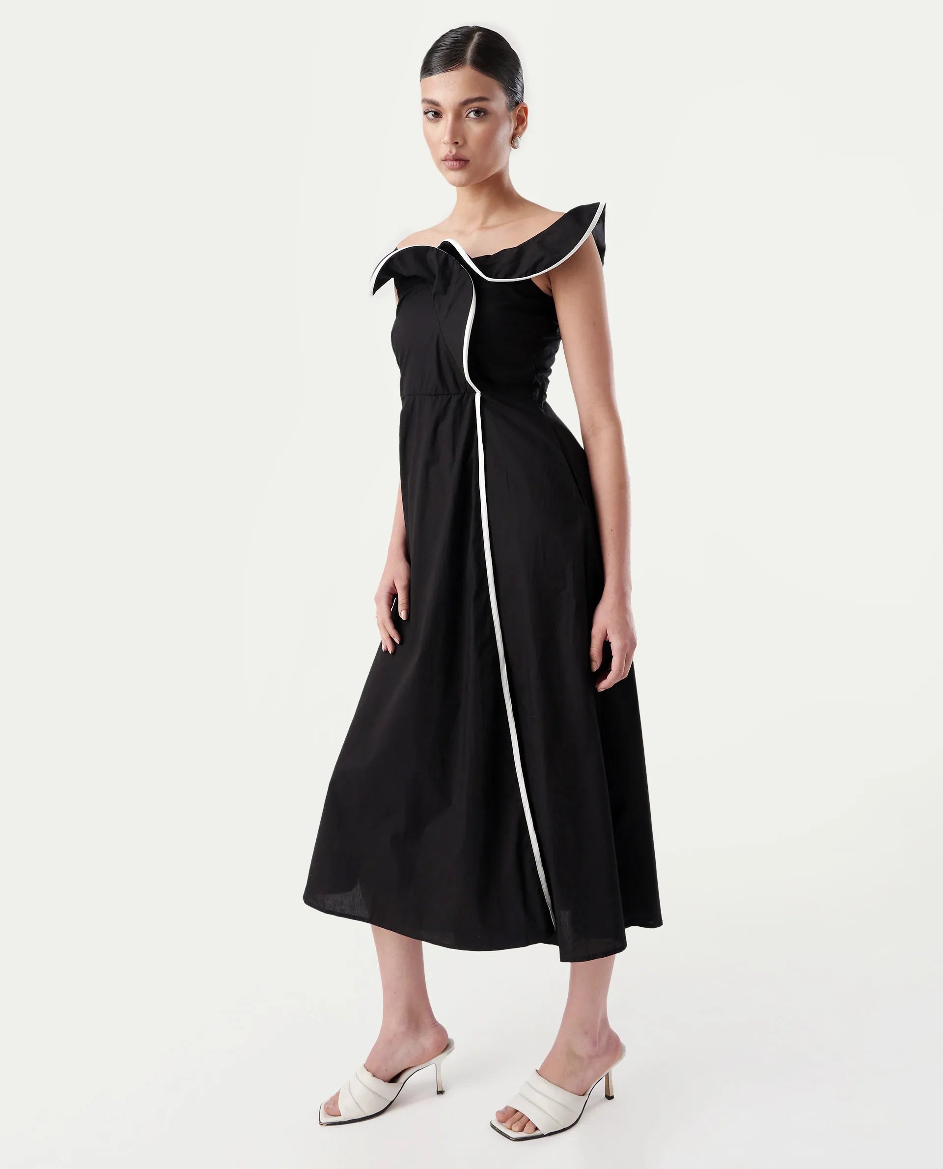 Rareism Women's Janrol Black Cotton Ruffled Neck Plain Sleeveless Midi Fit And Flare Dress