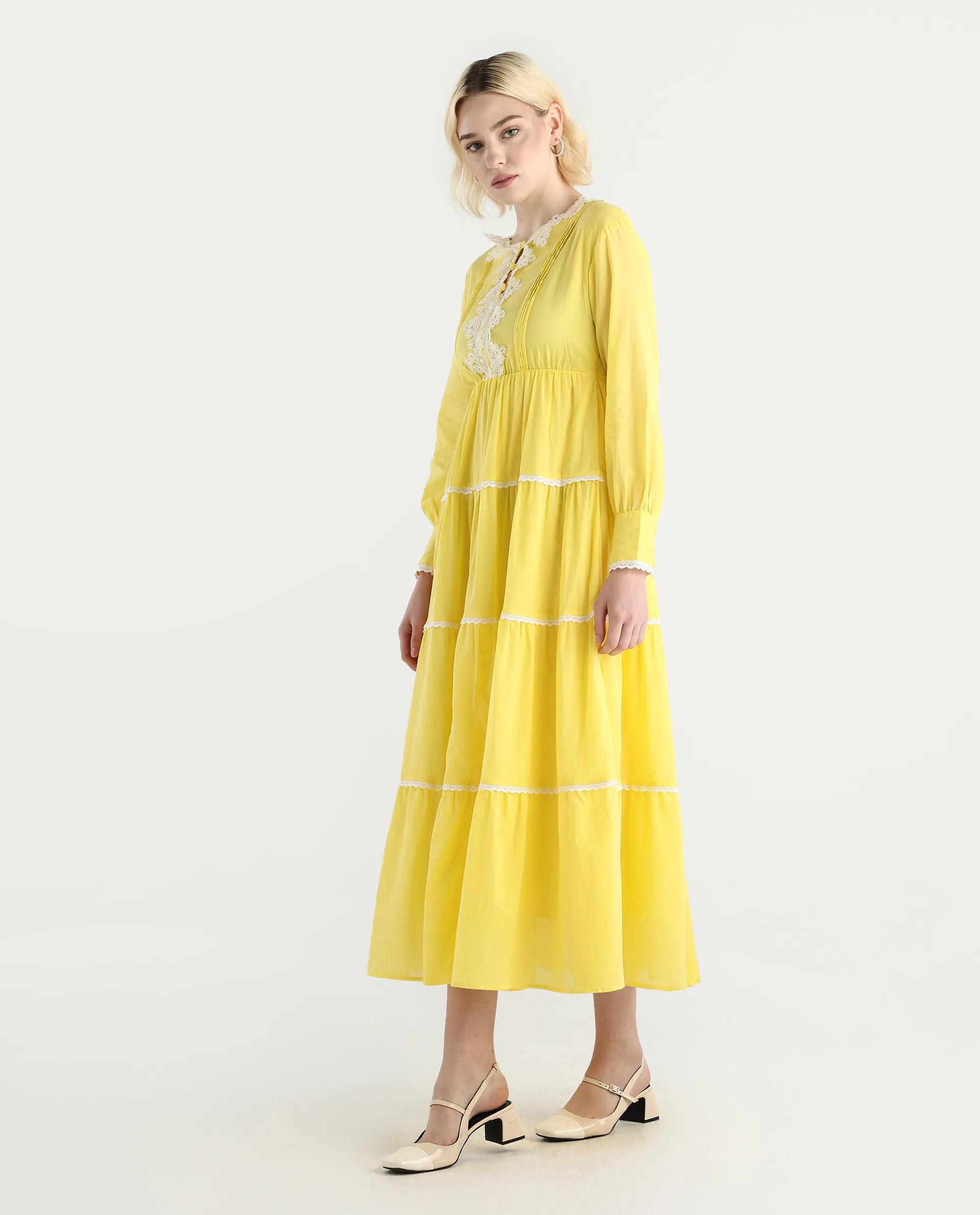 Rareism Women's Janron Mustard Cotton Round Neck Plain Bishop Sleeve Maxi Fit And Flare Dress