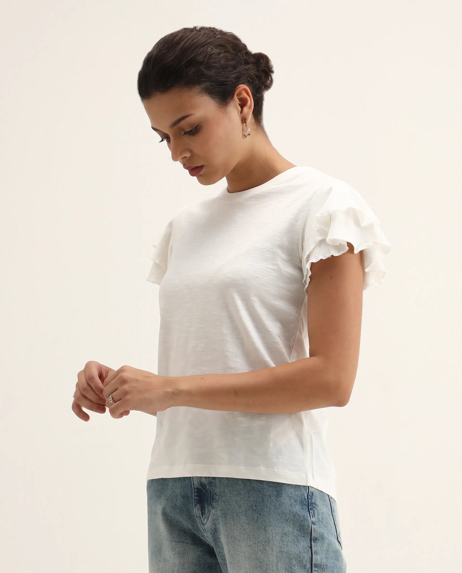 Rareism Women's Janruf Off White Cotton Round Neck Plain Ruffled Sleeve Regular Fit T-Shirt