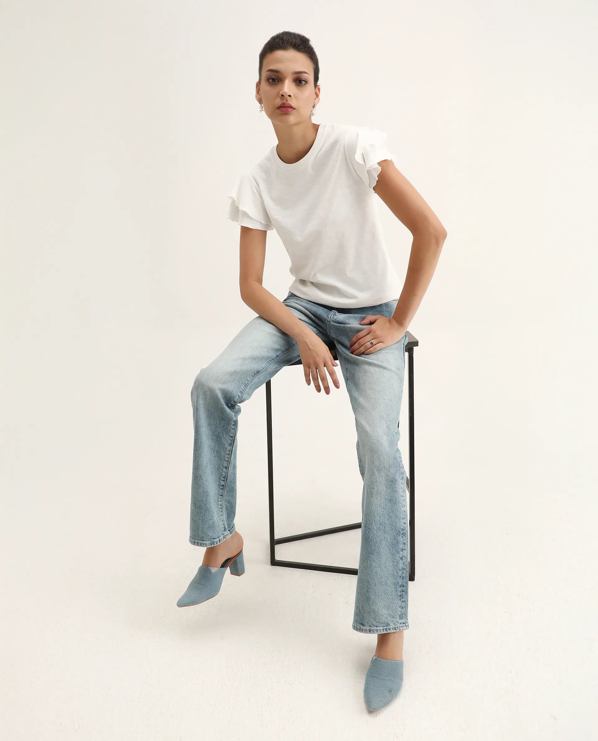 Rareism Women's Janruf Off White Cotton Round Neck Plain Ruffled Sleeve Regular Fit T-Shirt