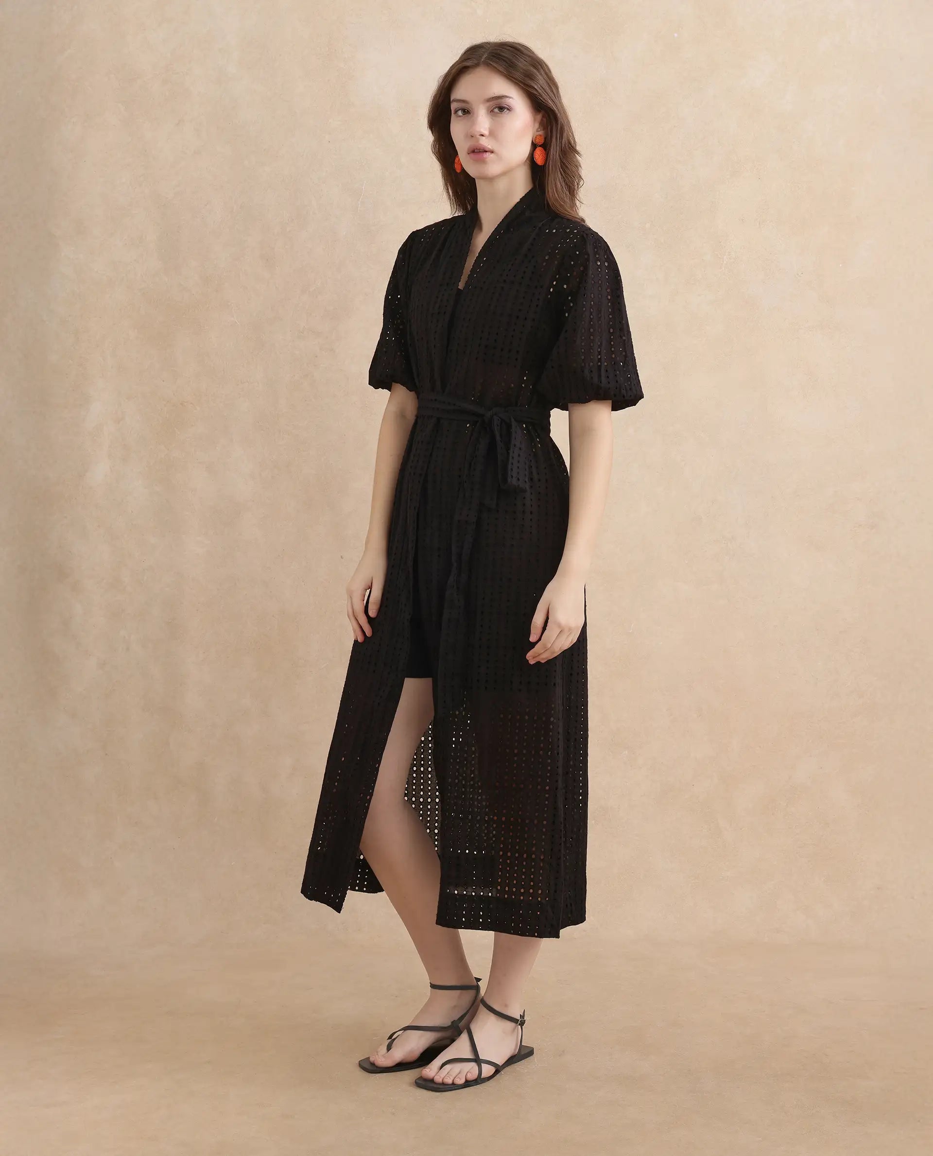 Rareism Women Janslip Black Cotton Fabric Balloon Sleeves Band Collar Regular Fit Maxi Plain Shrug