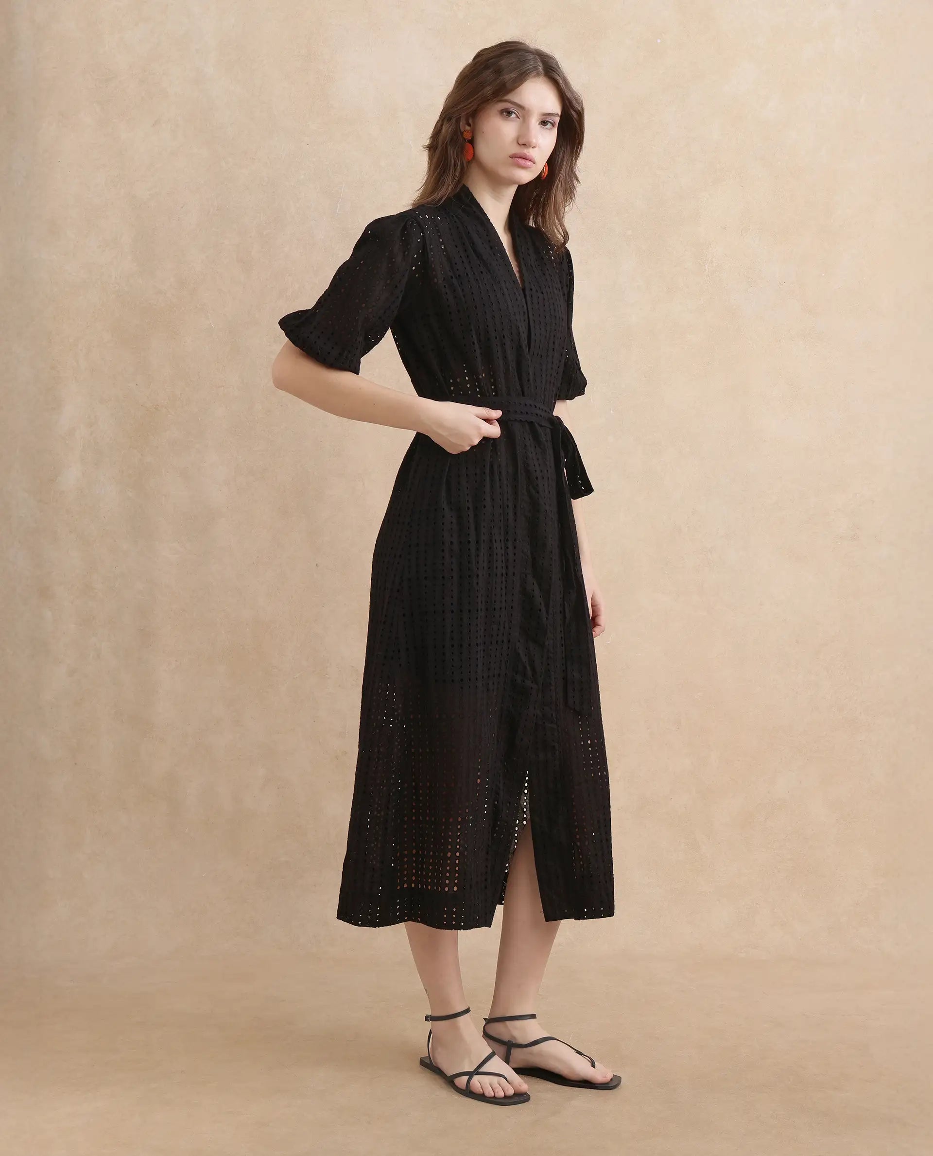 Rareism Women Janslip Black Cotton Fabric Balloon Sleeves Band Collar Regular Fit Maxi Plain Shrug