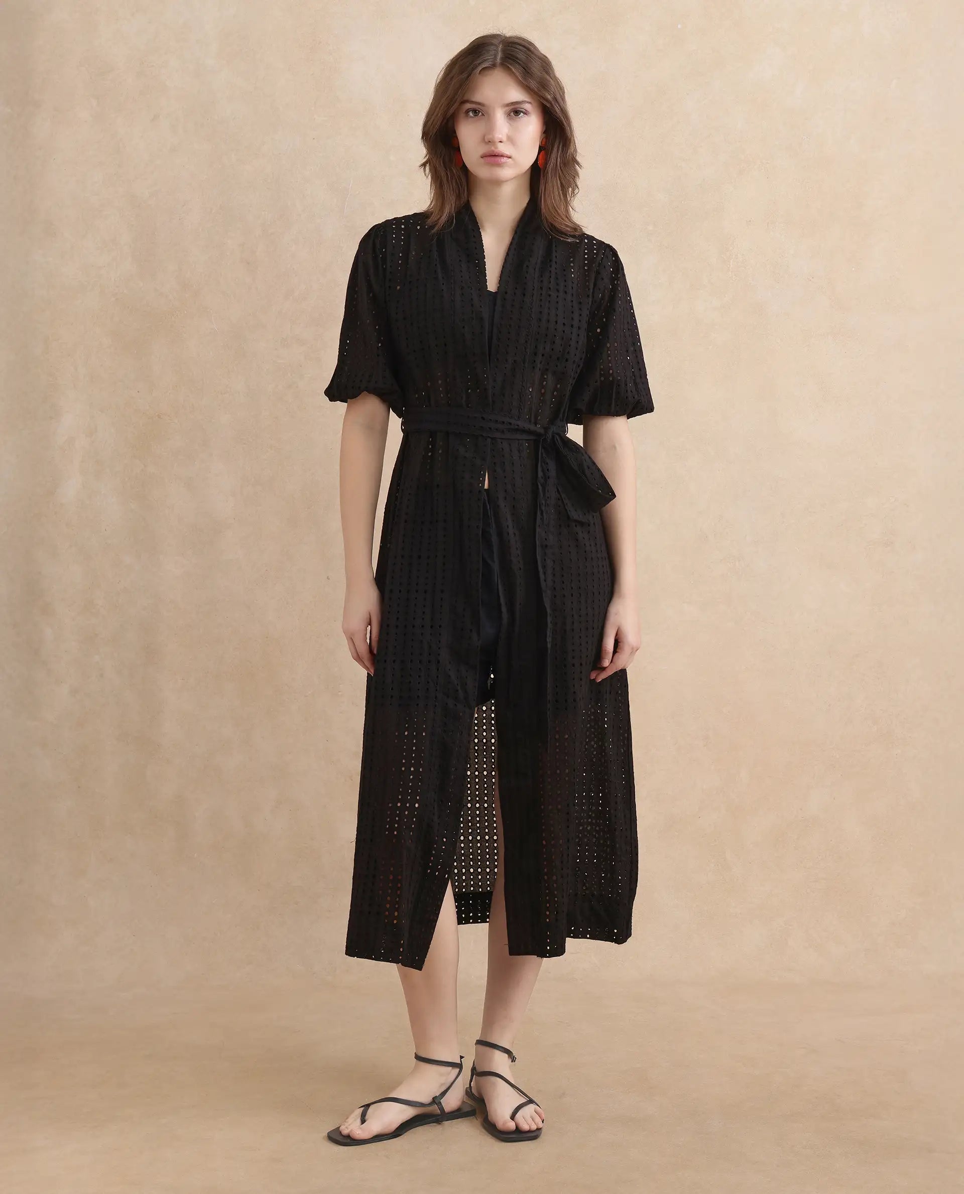 Rareism Women Janslip Black Cotton Fabric Balloon Sleeves Band Collar Regular Fit Maxi Plain Shrug