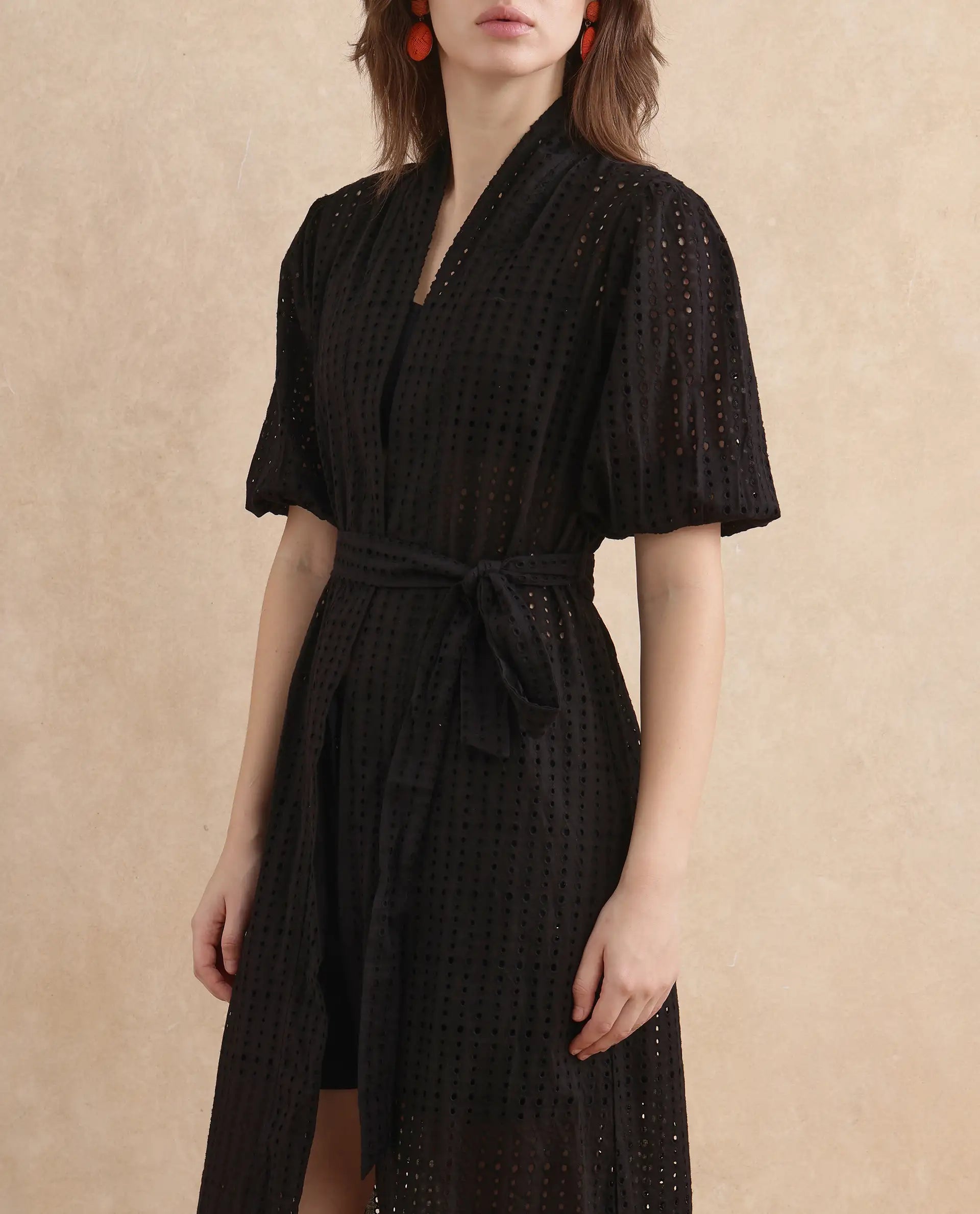 Rareism Women Janslip Black Cotton Fabric Balloon Sleeves Band Collar Regular Fit Maxi Plain Shrug