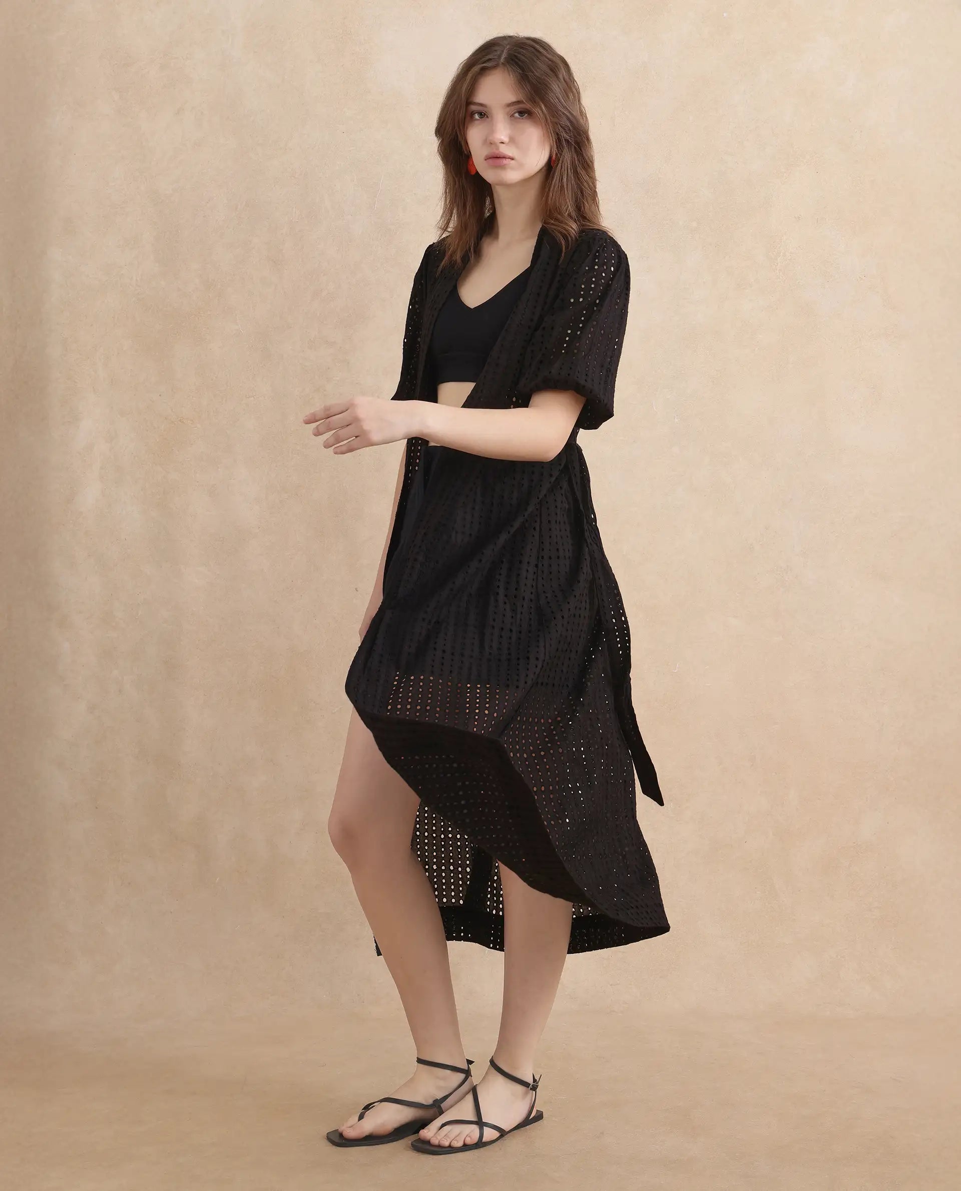 Rareism Women Janslip Black Cotton Fabric Balloon Sleeves Band Collar Regular Fit Maxi Plain Shrug