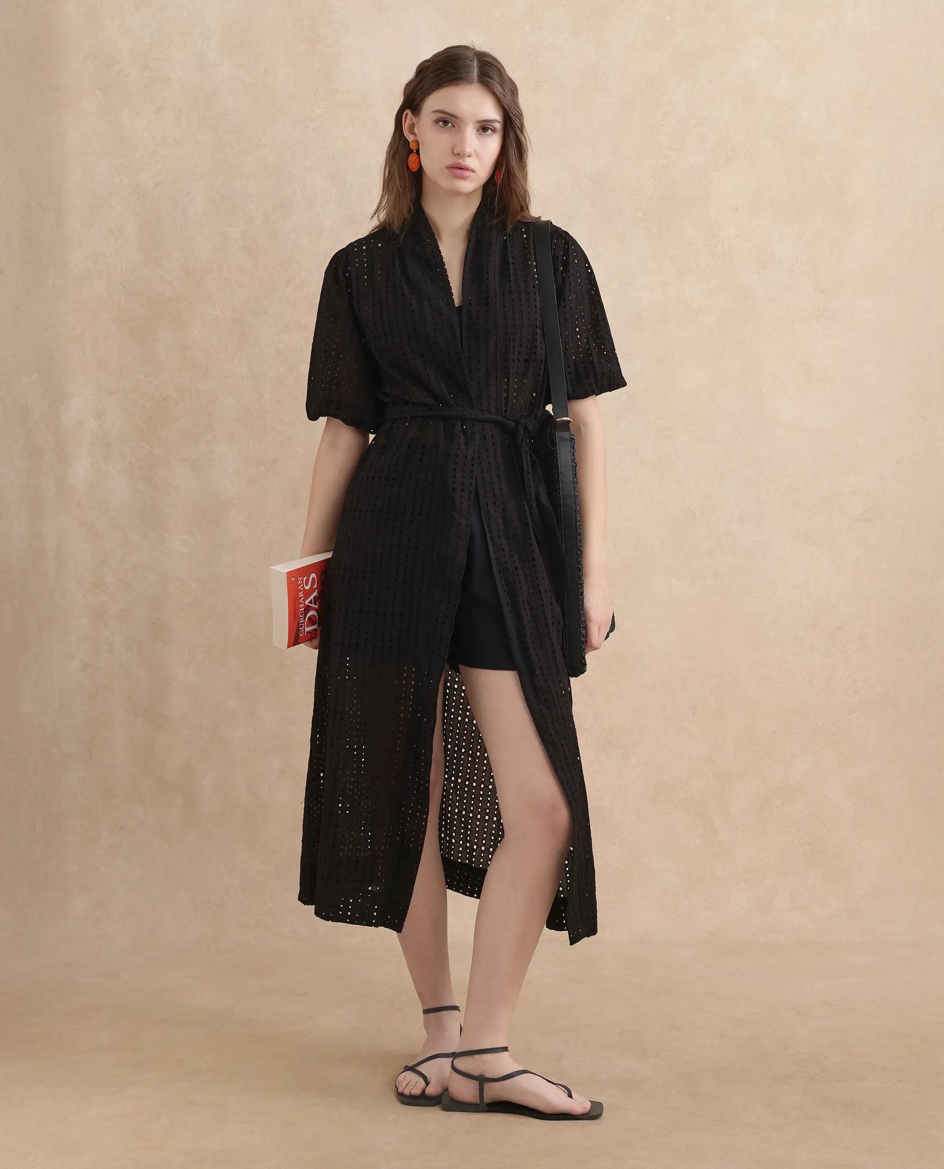 Rareism Women Janslip Black Cotton Fabric Balloon Sleeves Band Collar Regular Fit Maxi Plain Shrug