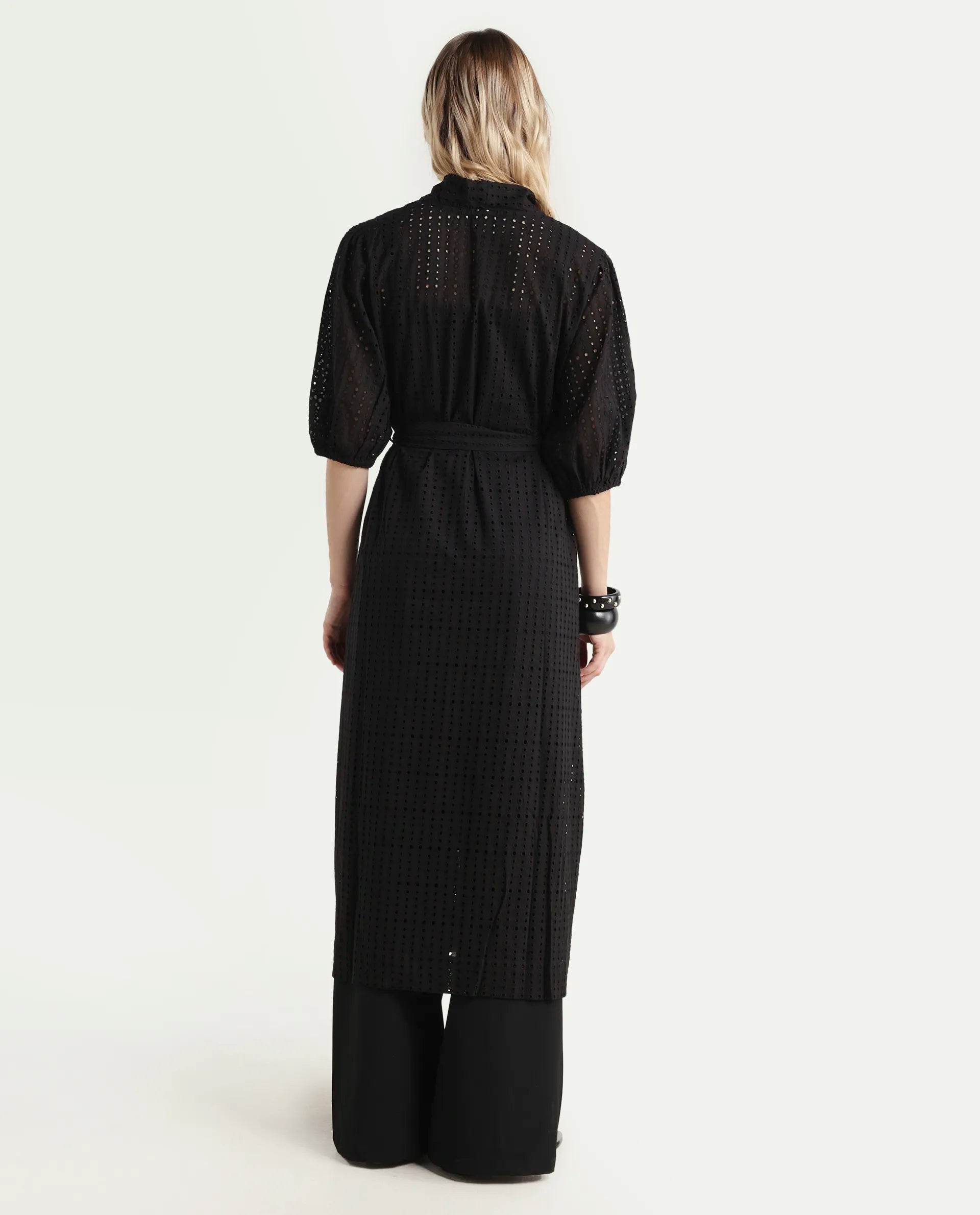Rareism Women's Janslip Black Cotton Collarless Plain Balloon Sleeve Maxi Regular Fit Shrug
