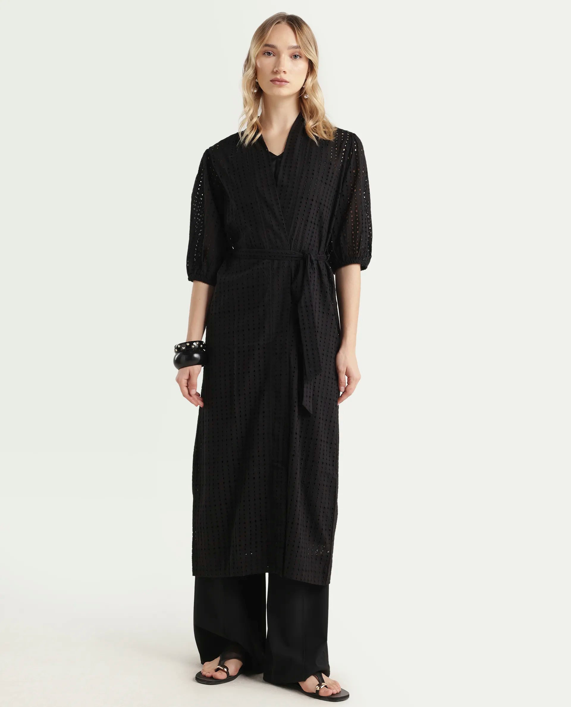 Rareism Women's Janslip Black Cotton Collarless Plain Balloon Sleeve Maxi Regular Fit Shrug