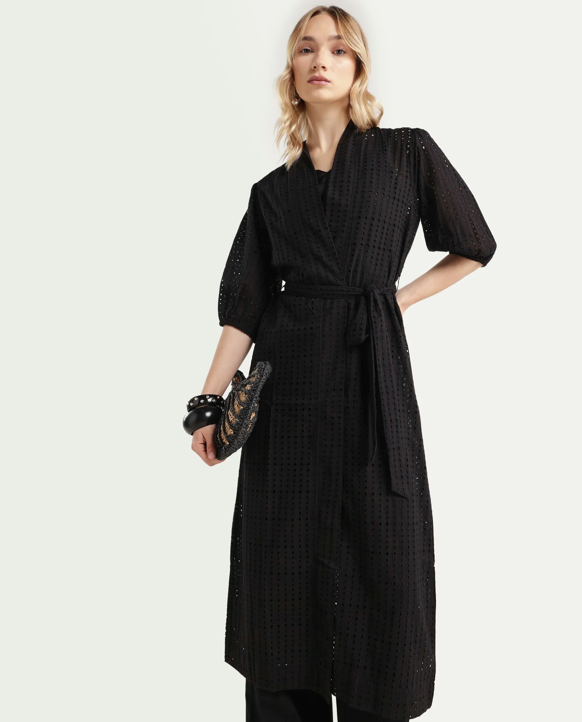 Rareism Women's Janslip Black Cotton Collarless Plain Balloon Sleeve Maxi Regular Fit Shrug
