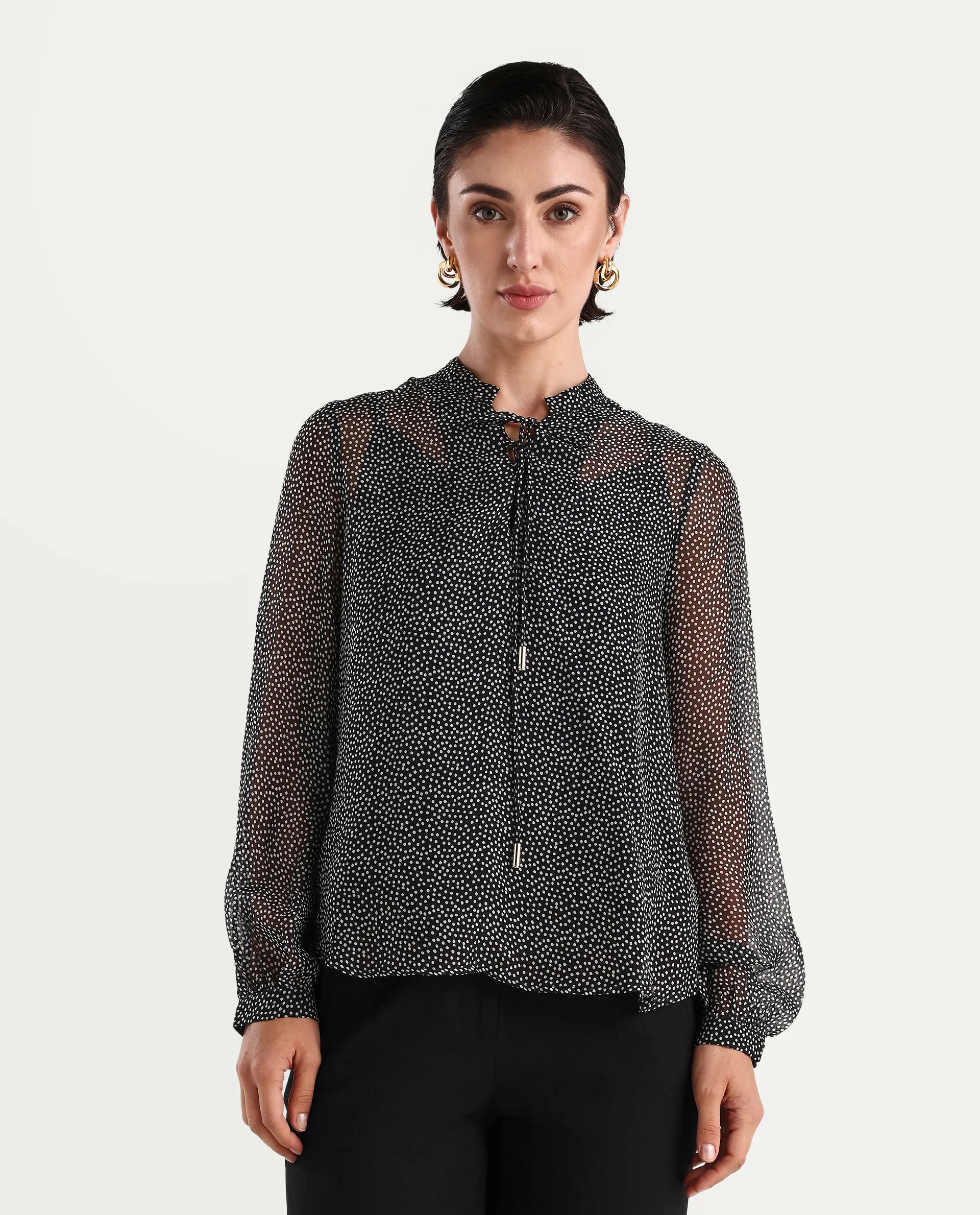 Rareism Women's Jantab Black Viscose Band Collar Polka Print Bishop Sleeve Relaxed Fit Top