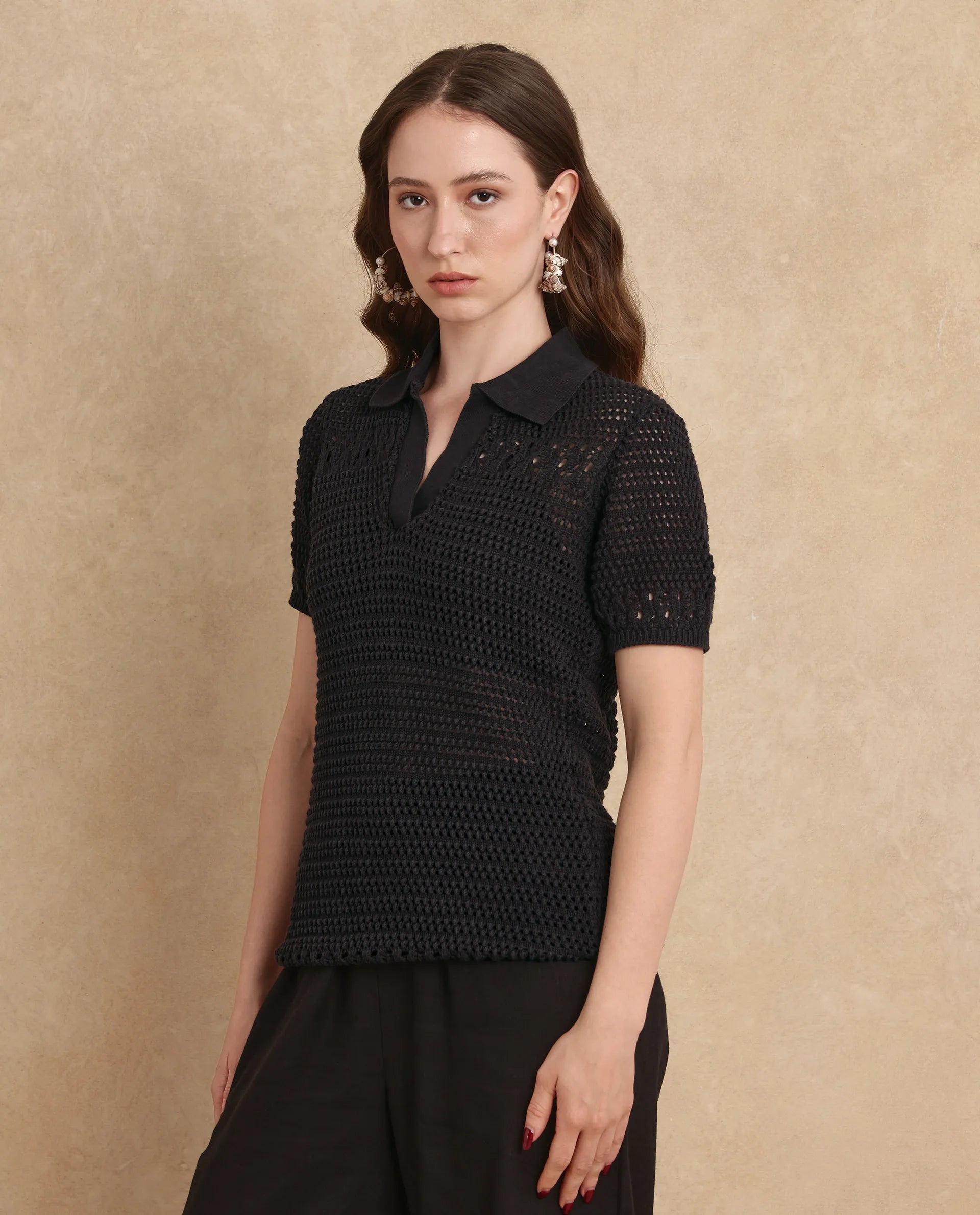 Rareism Women Jantuda Black Rayon Nylon Fabric Regular Sleeve Overlap Neck Regular Fit Plain Top